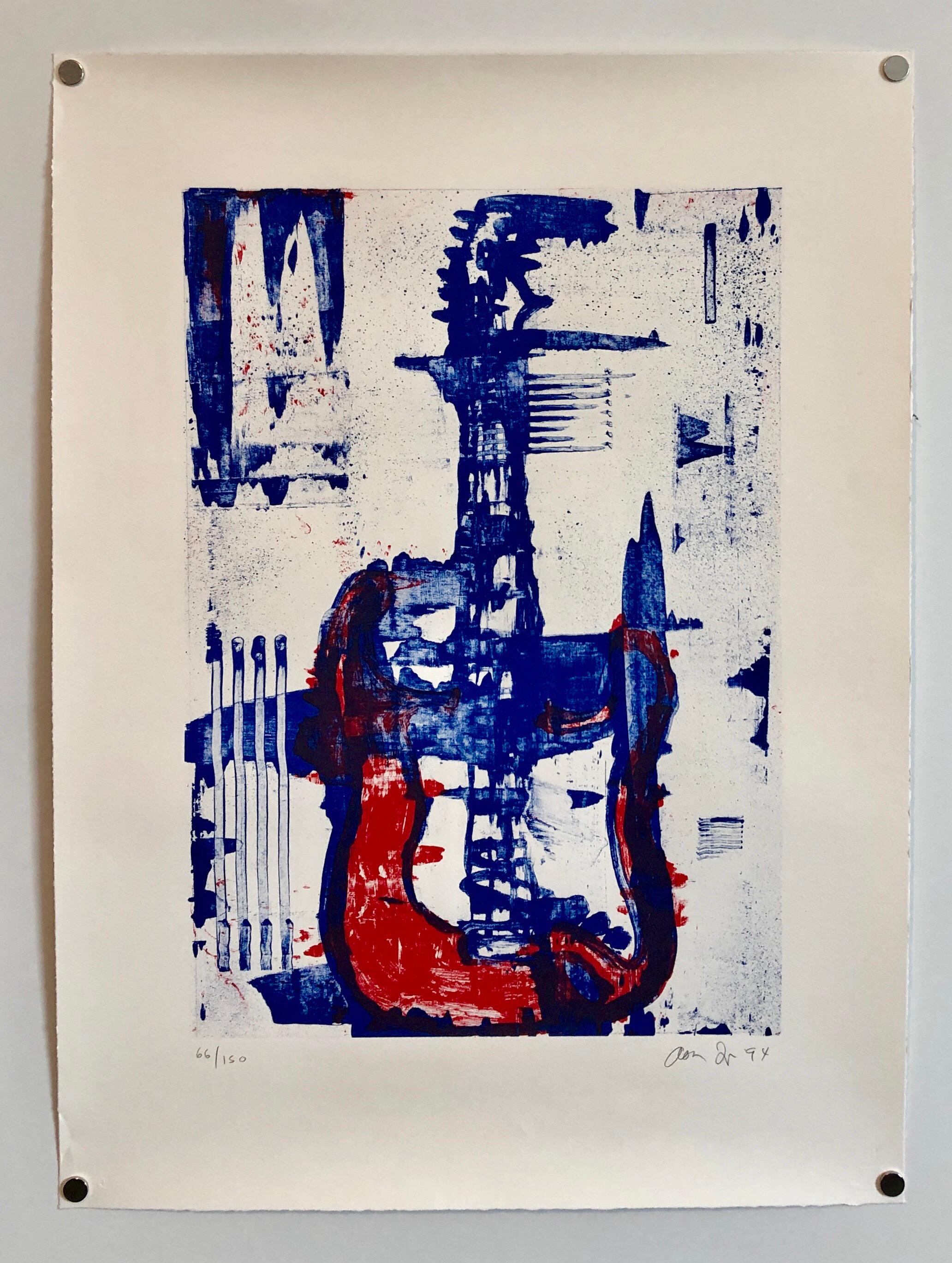 Modernist Lithograph Red, White, Denim Blue Guitar Aaron Fink Pop Art Americana  3