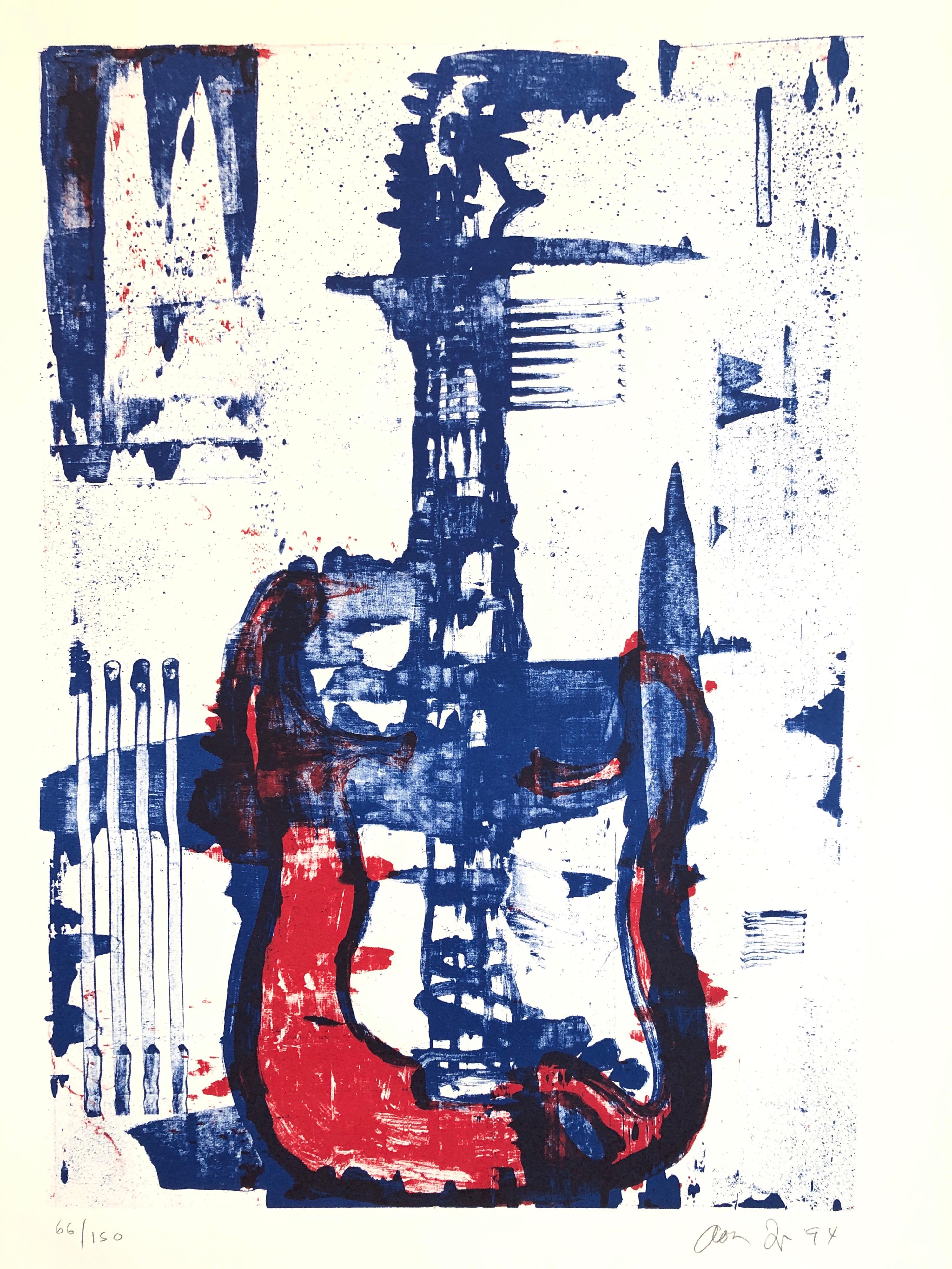 Aaron Fink (American, b. 1955) 
Red, white and denim blue patriotic electric guitar (an iconic image of American Rock and Roll)
Signed and dated "Aaron Fink" lower right
on Arches deckle edged paper. it is pencil signed, dated and numbered in