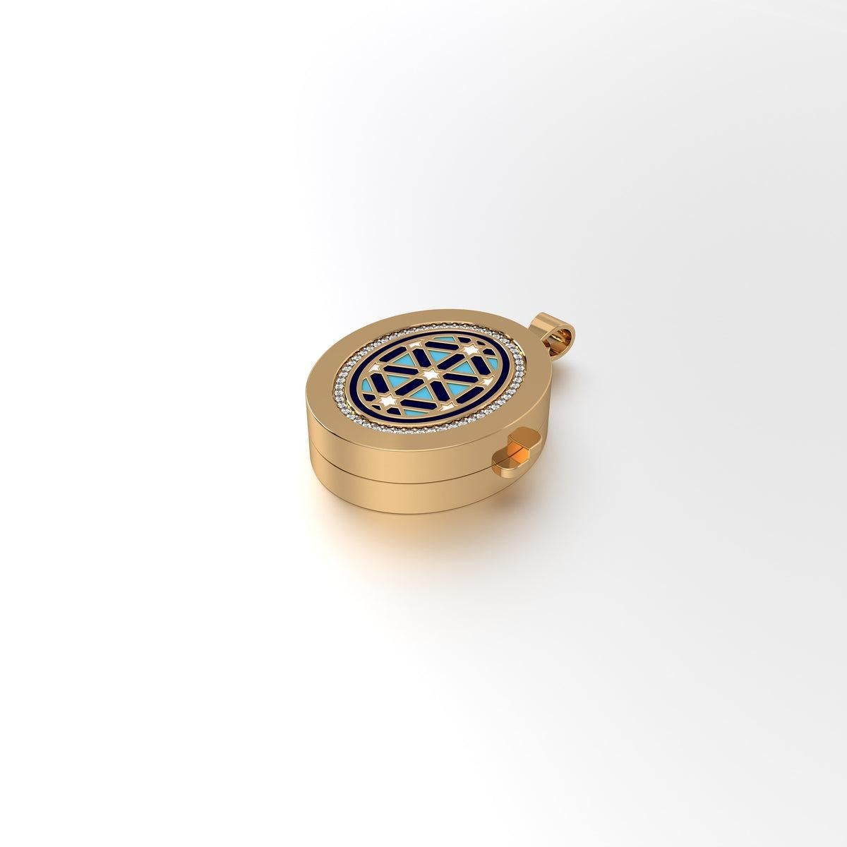 Aayat Oval Taawiz with Diamond Outline medium, from our award winning Miraas collection meticulously crafted in 18kt gold, with finely assorted diamonds, and set with 6 point star Persion girih pattern in specially formulated Prussian Blue, Sky Blue