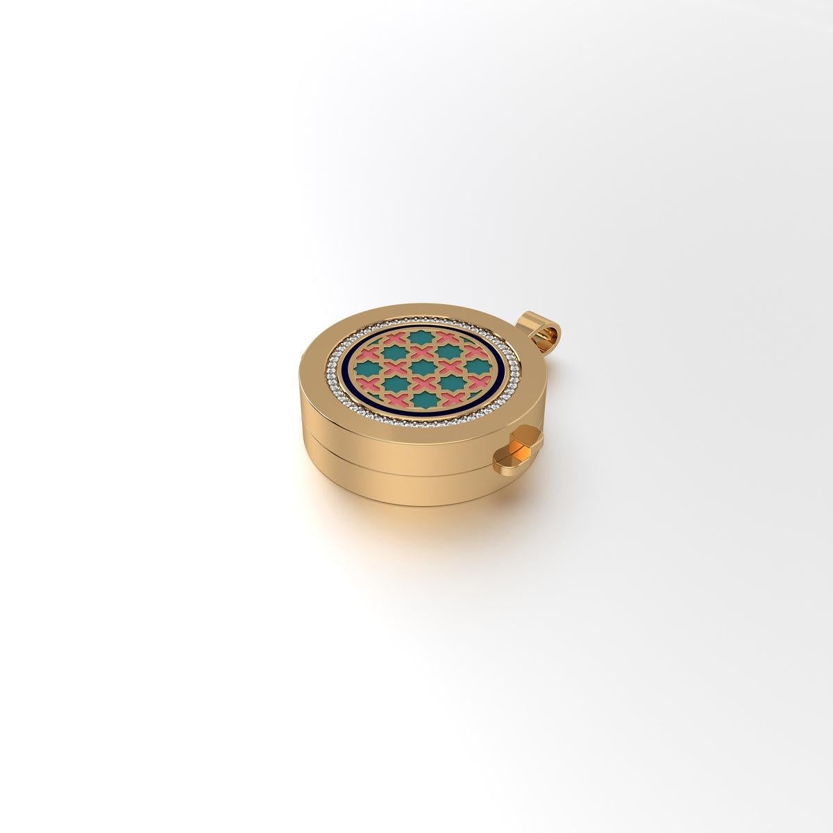 Aayat Round Taawiz with Diamond Outline medium, from our award winning Miraas collection meticulously crafted in 18kt gold, with finely assorted diamonds, and set with eight point star Morroccan Zilij pattern in specially formulated Prussian Blue,