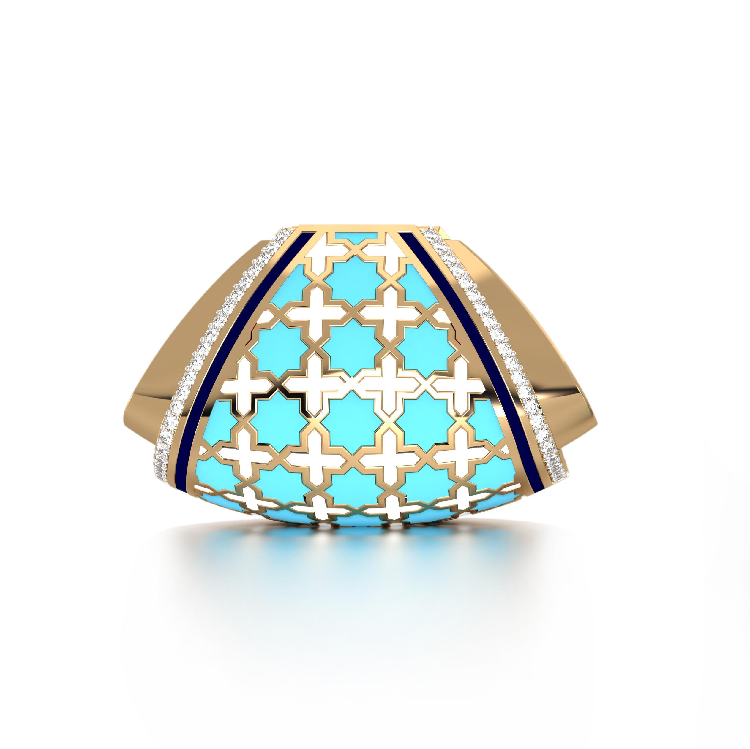 Aayshah Clutchbag Hoops Medium, from our award winning Miraas collection, meticulously crafted in 18kt gold, with finely assorted diamonds, and set with eight point star Morroccan Zilij pattern in specially formulated Prussian Blue, Sky Blue and