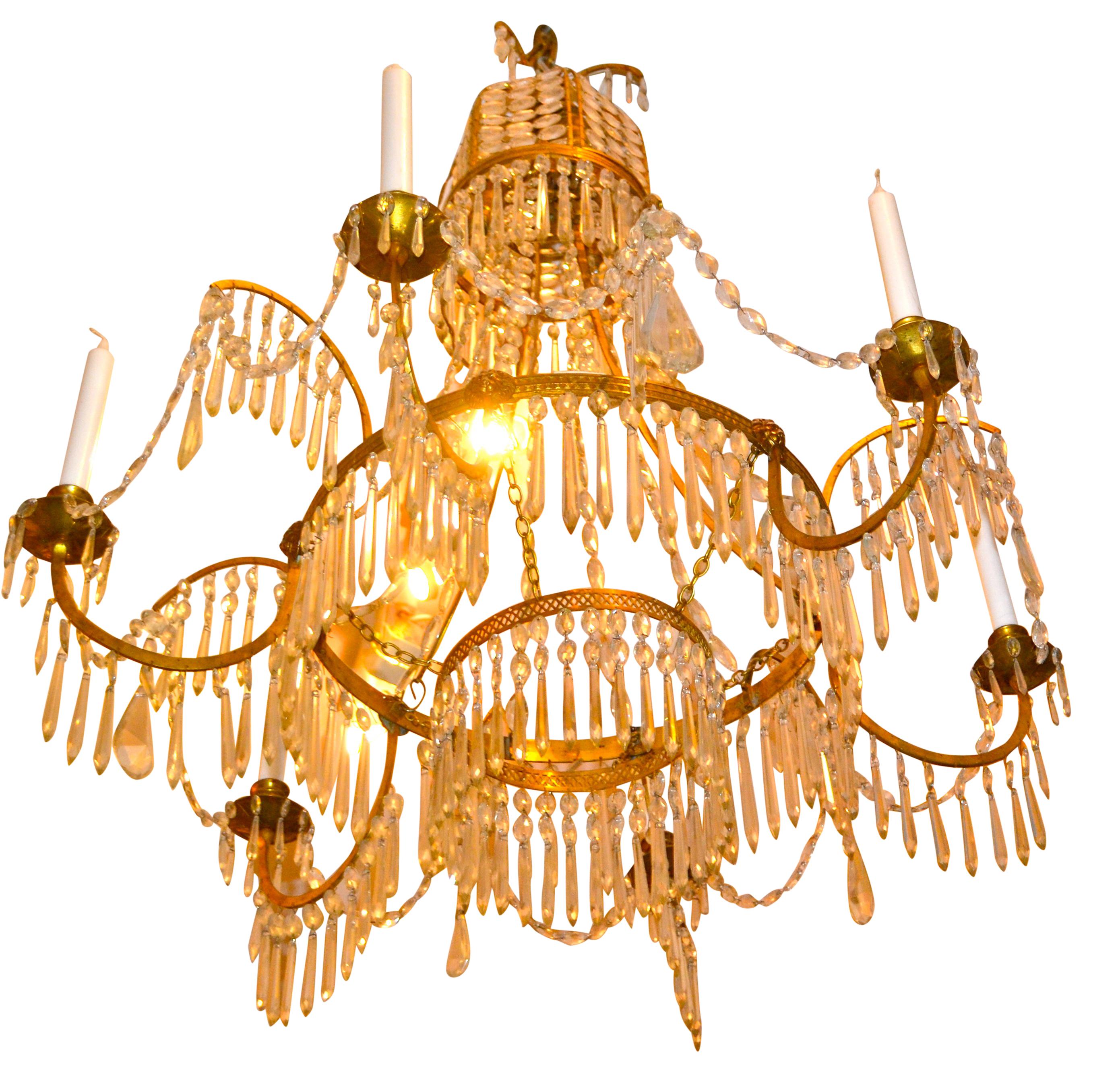 An elegant Baltic (probably Swedish) crystal and gilt bronze six arm chandeliers in the neoclassical style, presently not electrified but having an upper interior uplight.
   