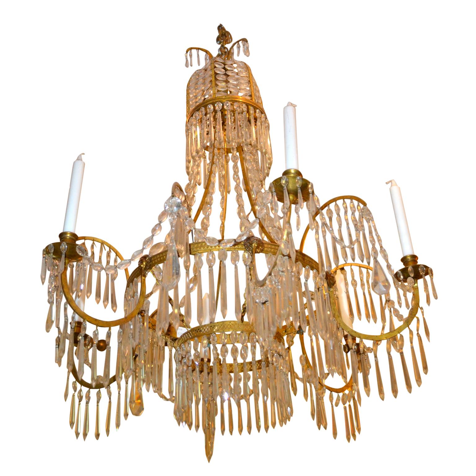 Neoclassical 19 Century Baltic Empire Style Crystal and Gilt Bronze Chandelier