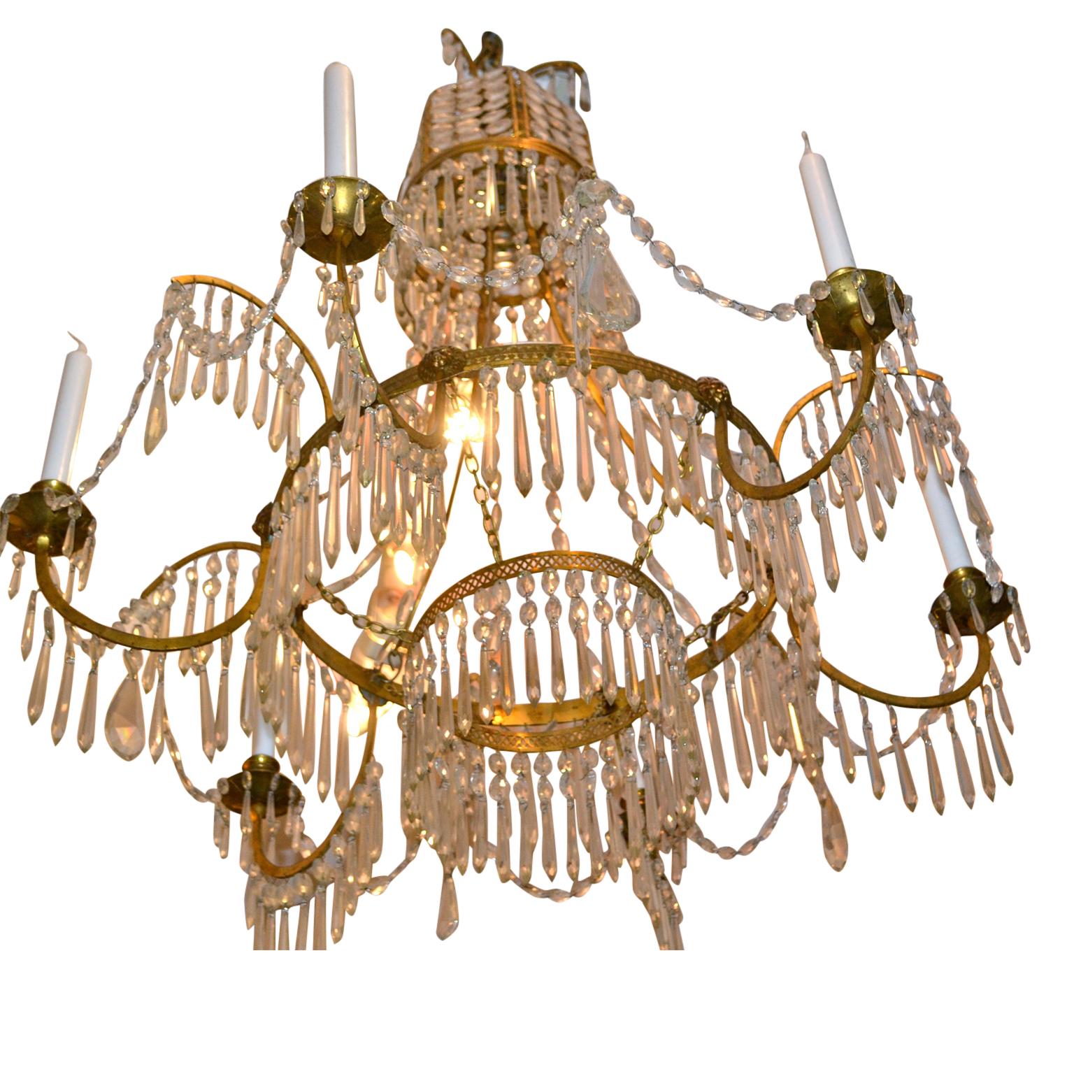 Swedish 19 Century Baltic Empire Style Crystal and Gilt Bronze Chandelier