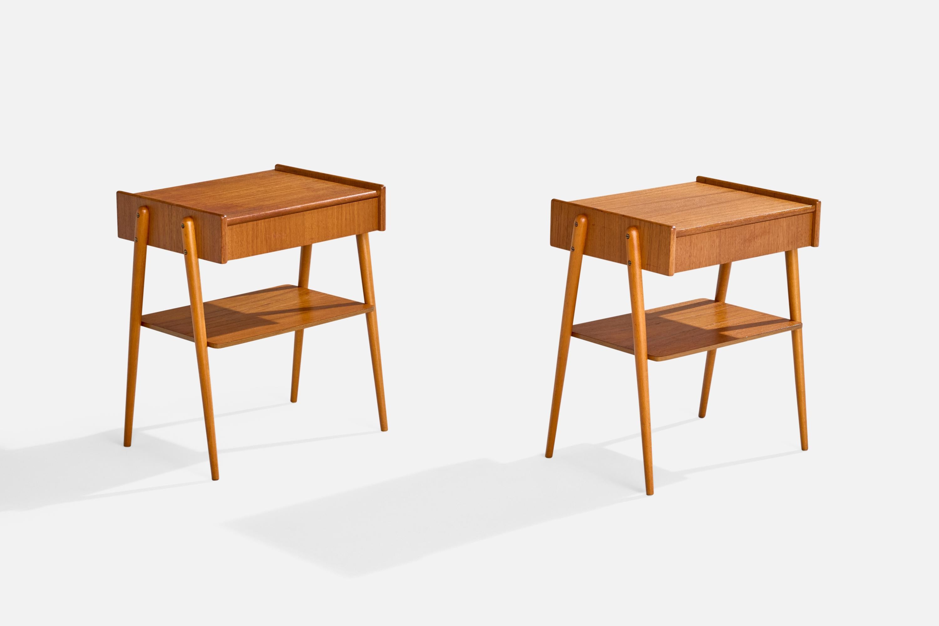 A pair of teak and birch nightstands produced by AB Carlström & Co, Sweden, c. 1950s.

Dimensions: 20.6” H x 18.5” W x 12.8” D