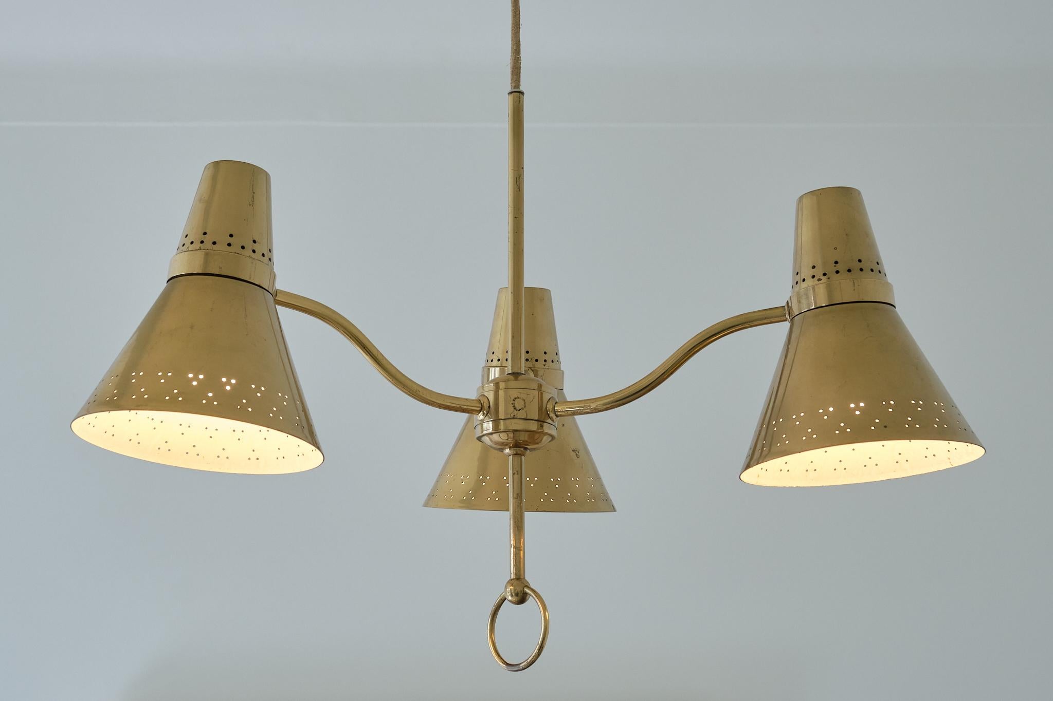 AB. E. Hansson Height Adjustable Three Arm Pendant Light in Brass, Sweden, 1950s 2