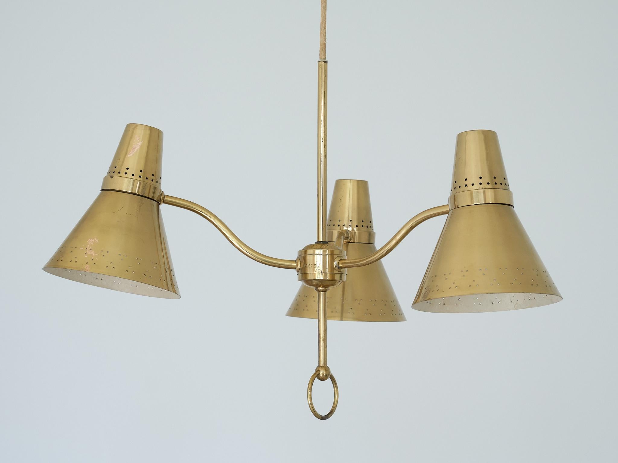 AB. E. Hansson Height Adjustable Three Arm Pendant Light in Brass, Sweden, 1950s 4