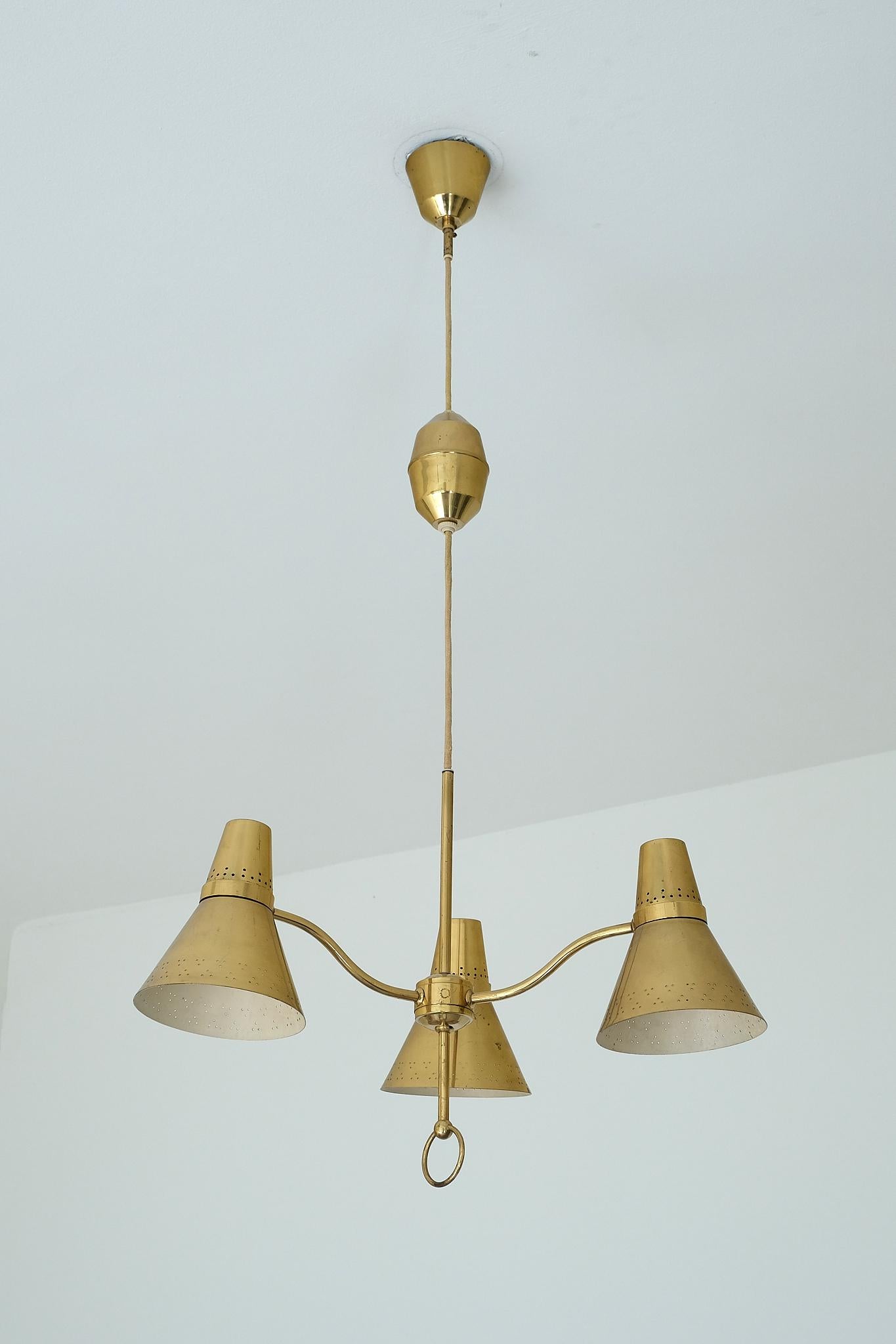 AB. E. Hansson Height Adjustable Three Arm Pendant Light in Brass, Sweden, 1950s 6