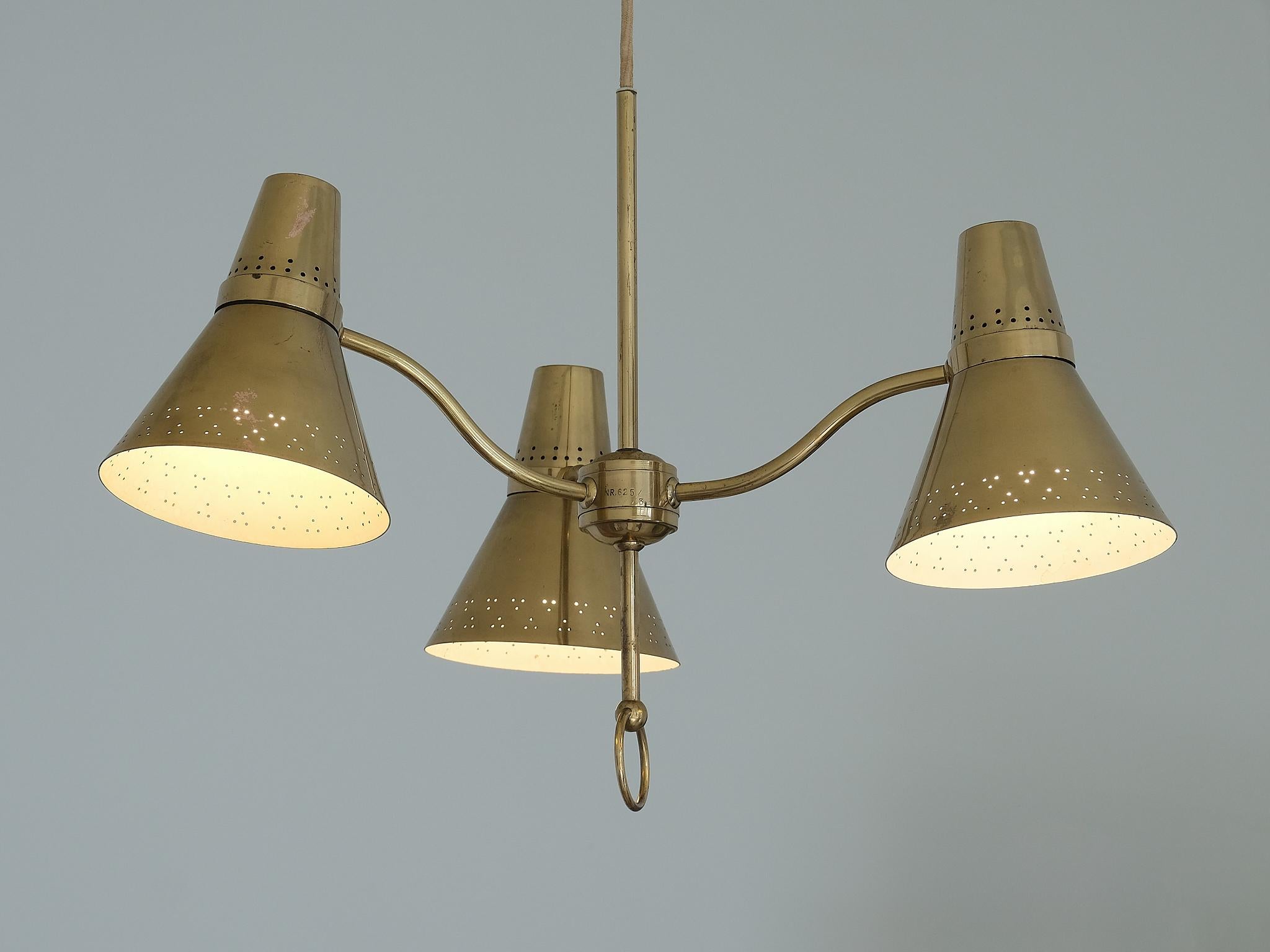 Swedish AB. E. Hansson Height Adjustable Three Arm Pendant Light in Brass, Sweden, 1950s