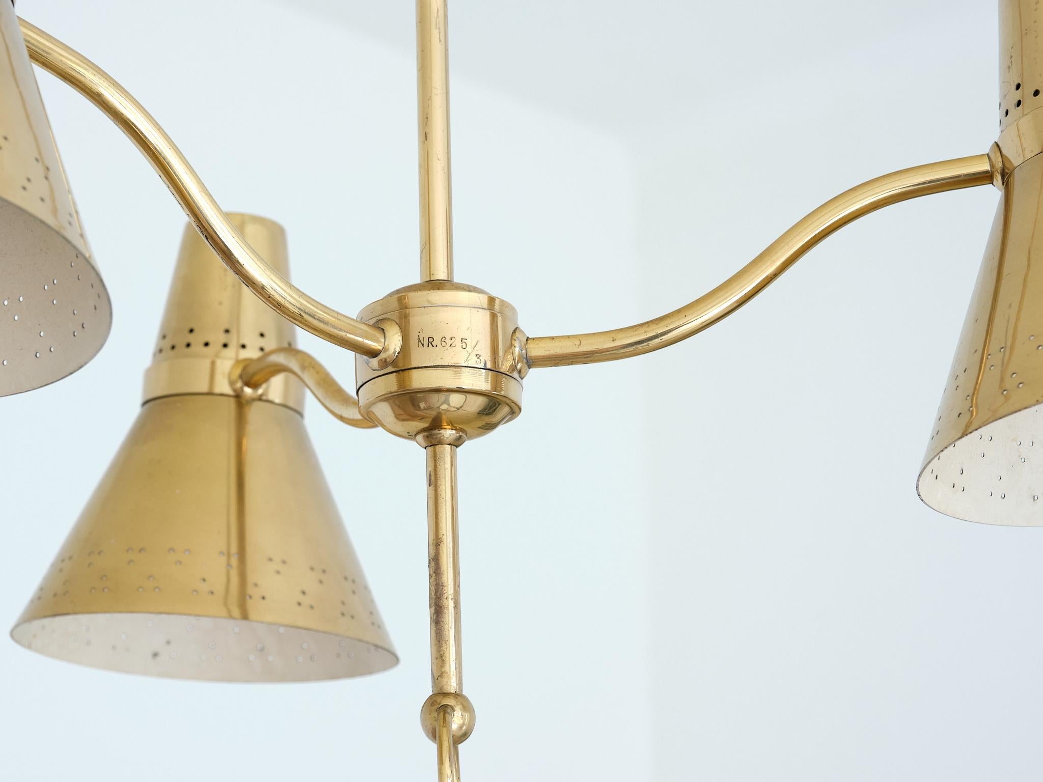 AB. E. Hansson Height Adjustable Three Arm Pendant Light in Brass, Sweden, 1950s In Good Condition In The Hague, NL