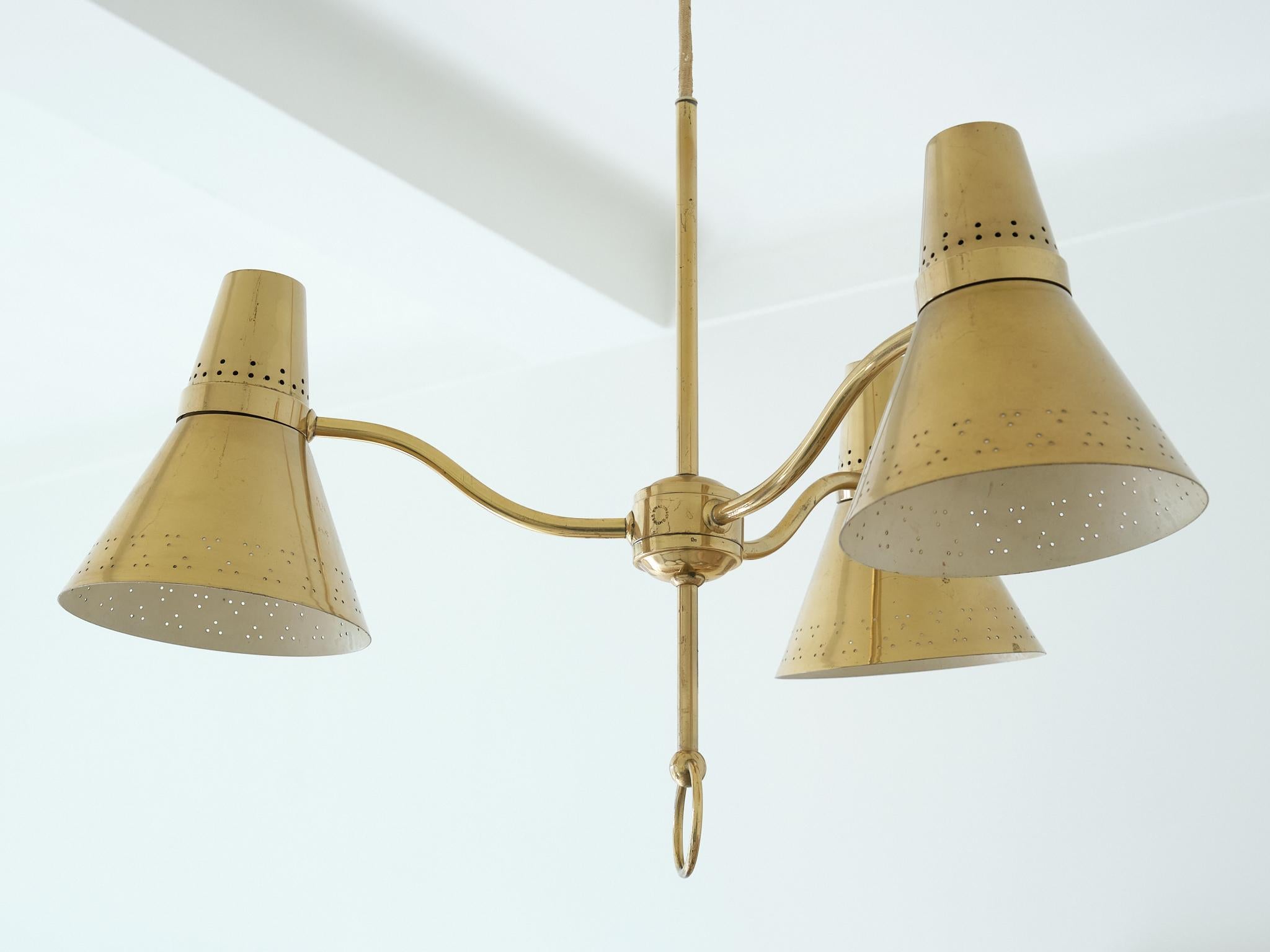 Mid-20th Century AB. E. Hansson Height Adjustable Three Arm Pendant Light in Brass, Sweden, 1950s
