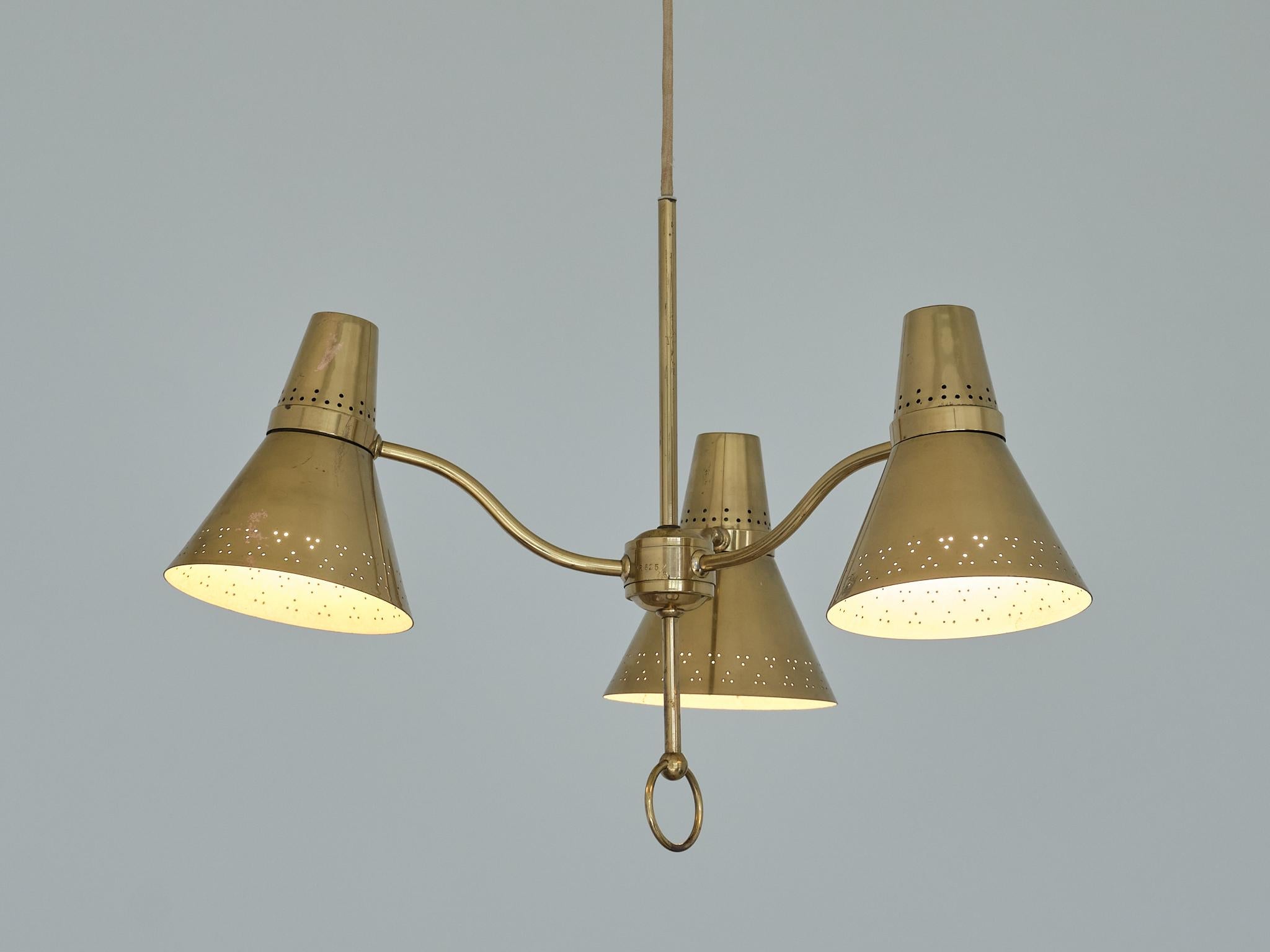 AB. E. Hansson Height Adjustable Three Arm Pendant Light in Brass, Sweden, 1950s 1