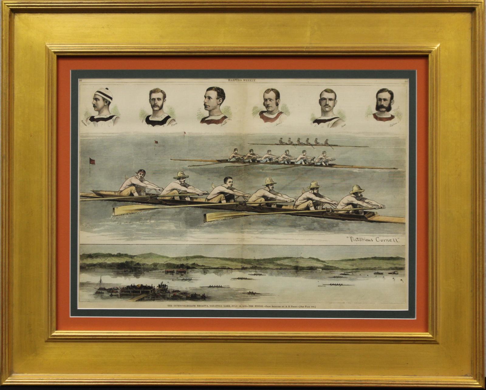Art Sz: 15"H x 21"W

Frame Sz: 25"H x 31"W

Harper's Weekly colour plate from sketches by A.B. Frost depicting 'The Intercollegiate Regatta, Saratoga Lake, July 19, 1876- The Finish'