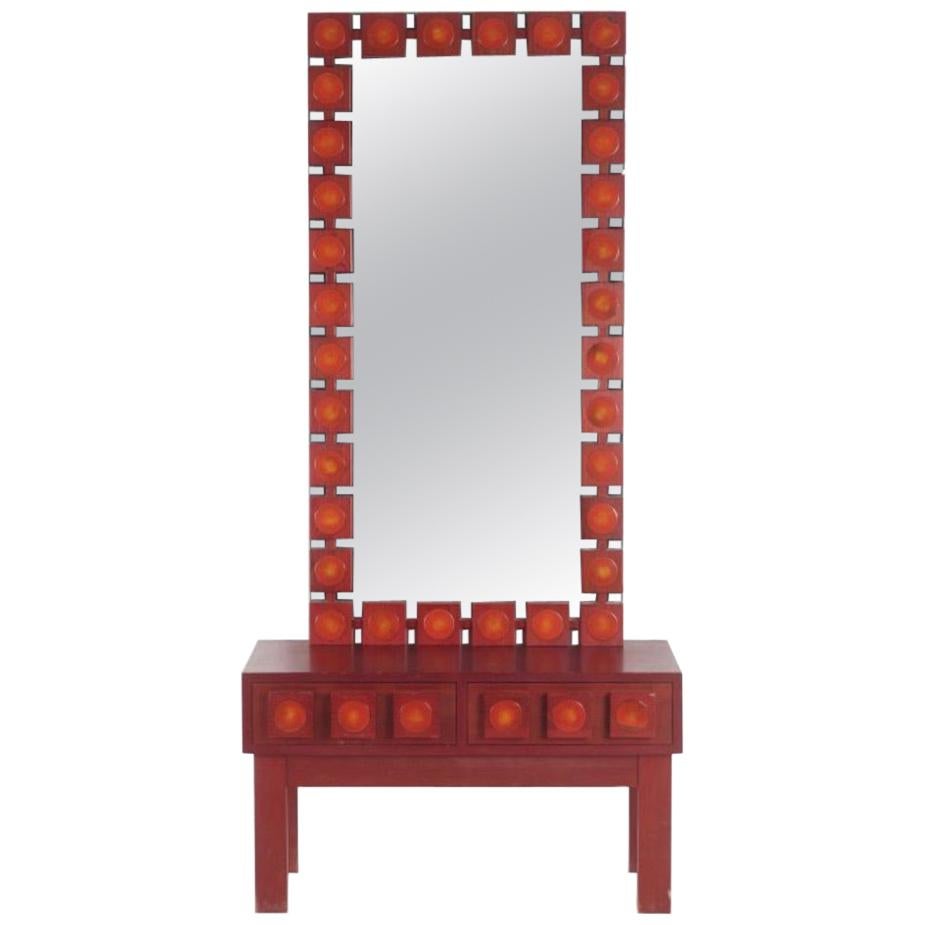 AB Glas and Trä, Red 'Pop art' Wall Mirror with Chest, Swedish, circa 1963 For Sale