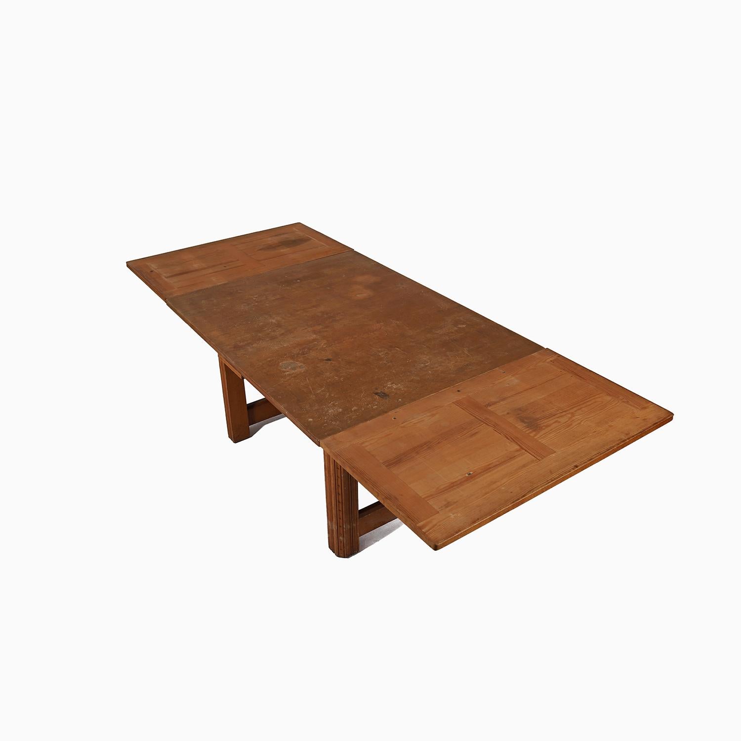 
An antique birch art nouveau dining table from Sweden.  Draw leaf style with self storing leaves.  table is 58.5″ long by 45′ wide by 30.5″h, with the leaves extended it is 108.5″ long.  this table is awaiting restoration and will be thoughtfully
