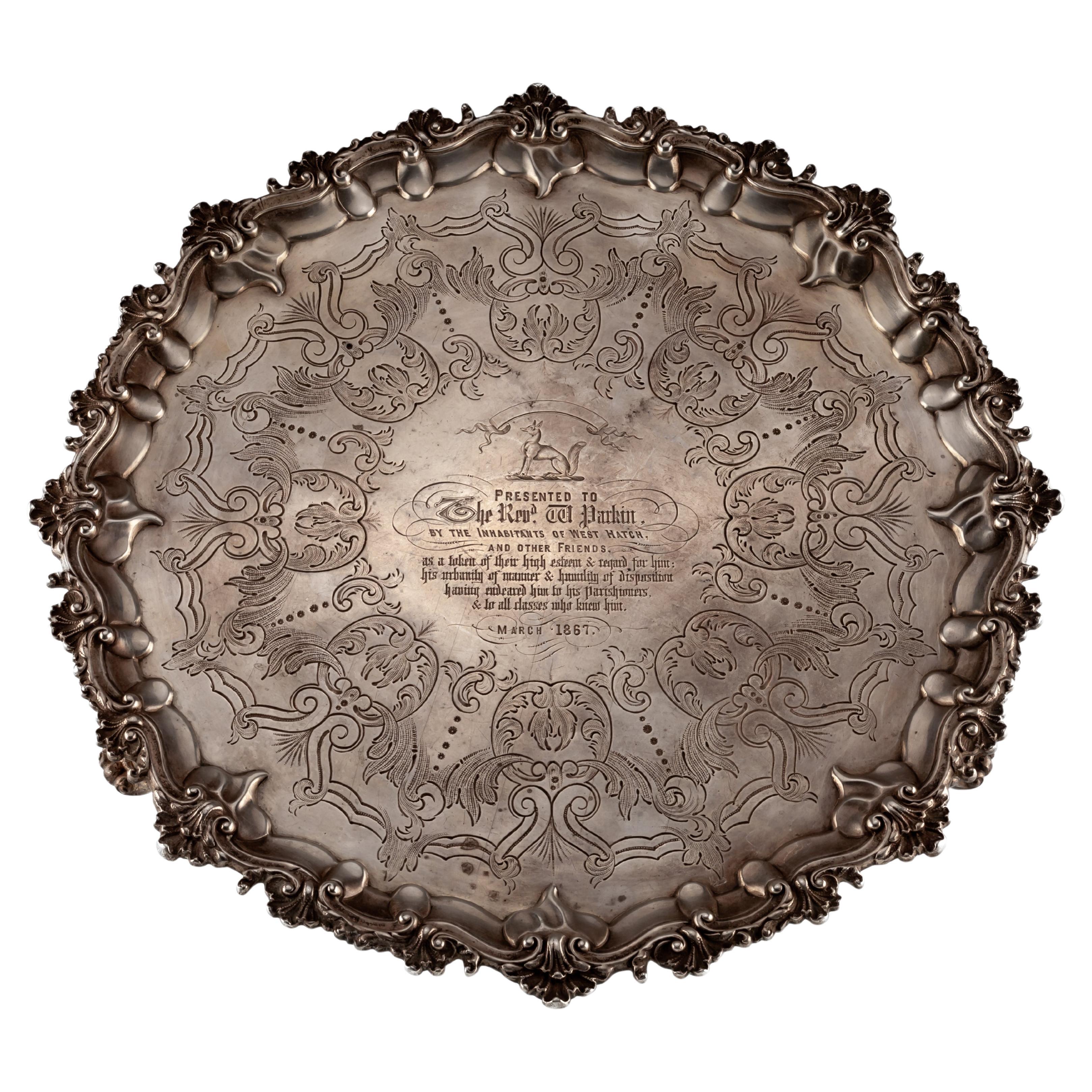 AB Savory & Sons Sterling Silver 12" Salver Dedicated to Rev. Parkin 1865 For Sale