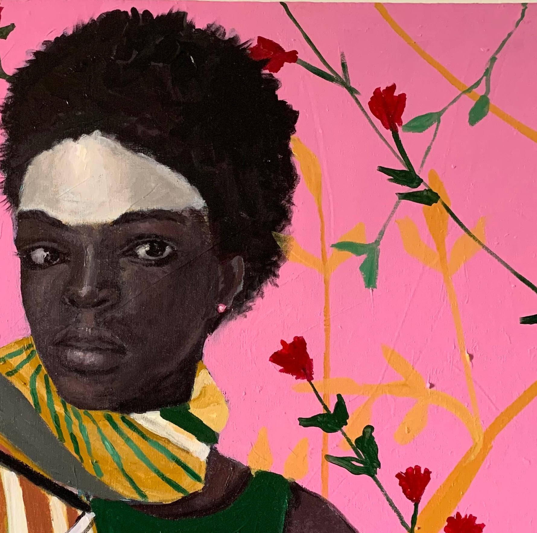 Blossom - 21st Century. Contemporary, Figurative Portrait, Modern Women, Africa - Pink Animal Painting by Aba Linus