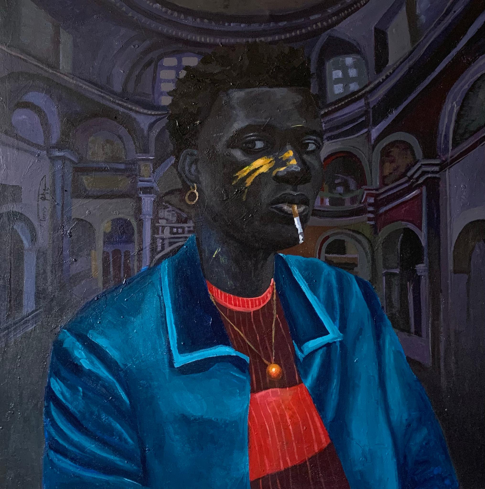 Aba Linus Animal Painting – Gangster's Paradise 1 - 21. Jahrhundert Acrylgemälde eines jungen Mannes mit Zigarren