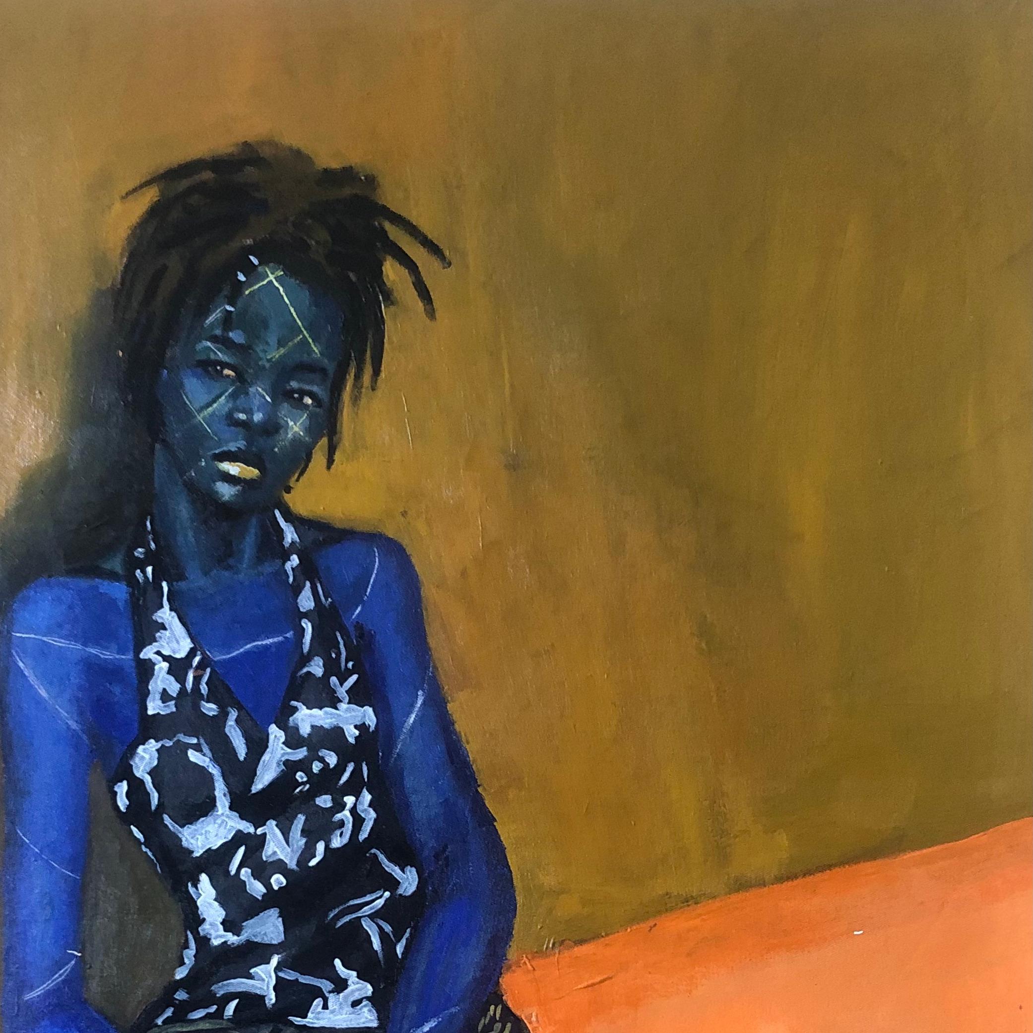 Lady on Blue 2 - Expressionist Painting by Aba Linus