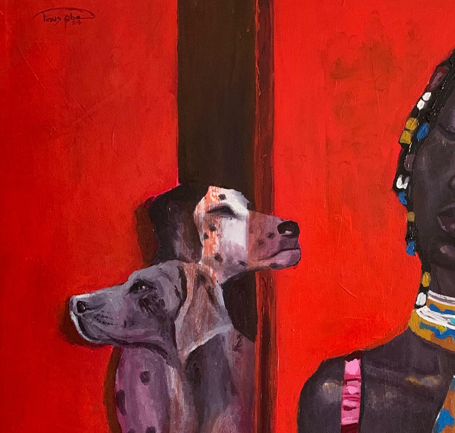 Soundless Echoes -21st Century. Contemporary, Figurative, Modern, Women, Dogs - Painting by Aba Linus