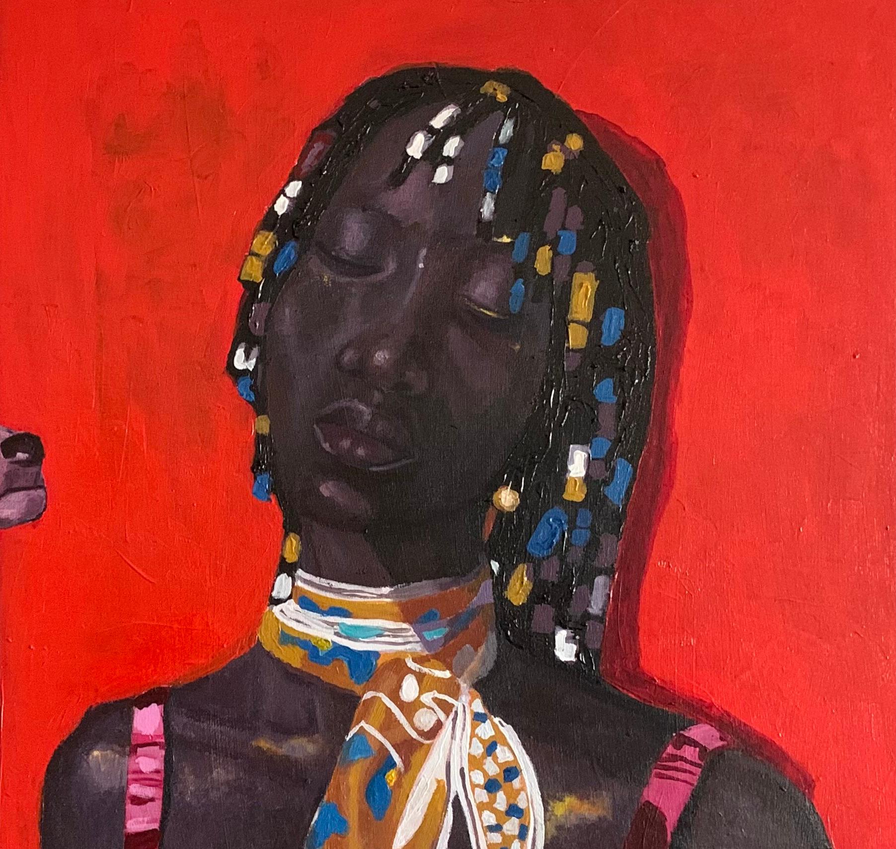 Soundless Echoes -21st Century. Contemporary, Figurative, Modern, Women, Dogs - Red Figurative Painting by Aba Linus