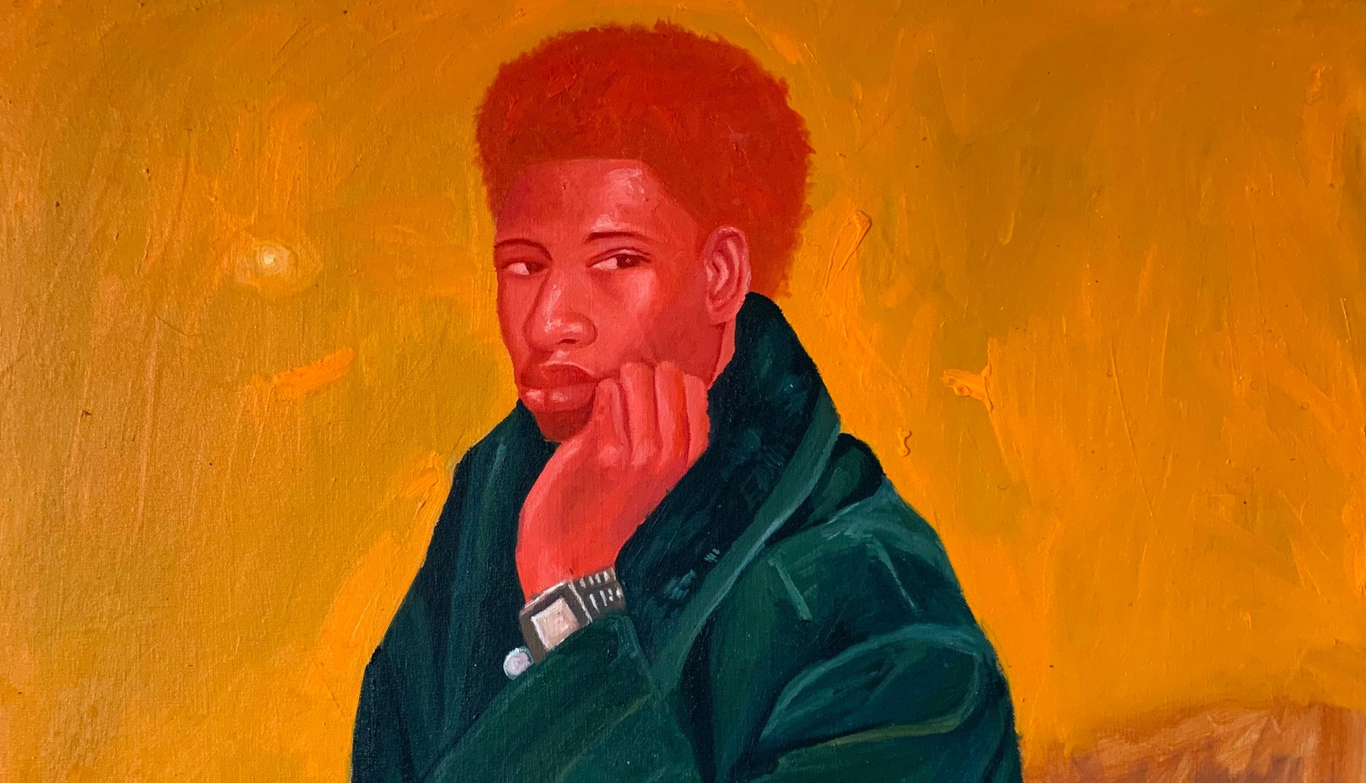 Regarder et attendre - 21e siècle. Contemporain, figuratif, moderne, Afrique - Orange Animal Painting par Aba Linus
