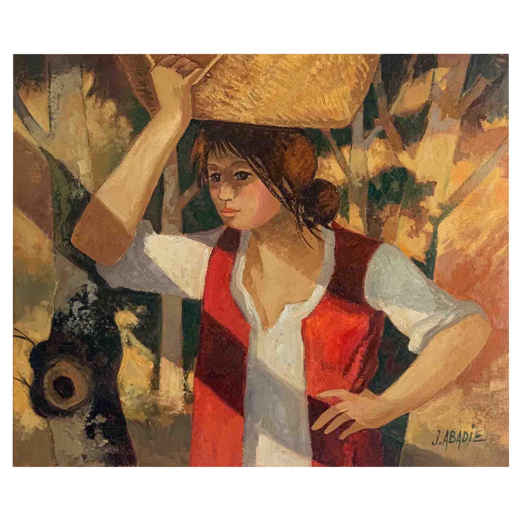 Abadie Jean "The basket carrier" Oil on Canvas For Sale