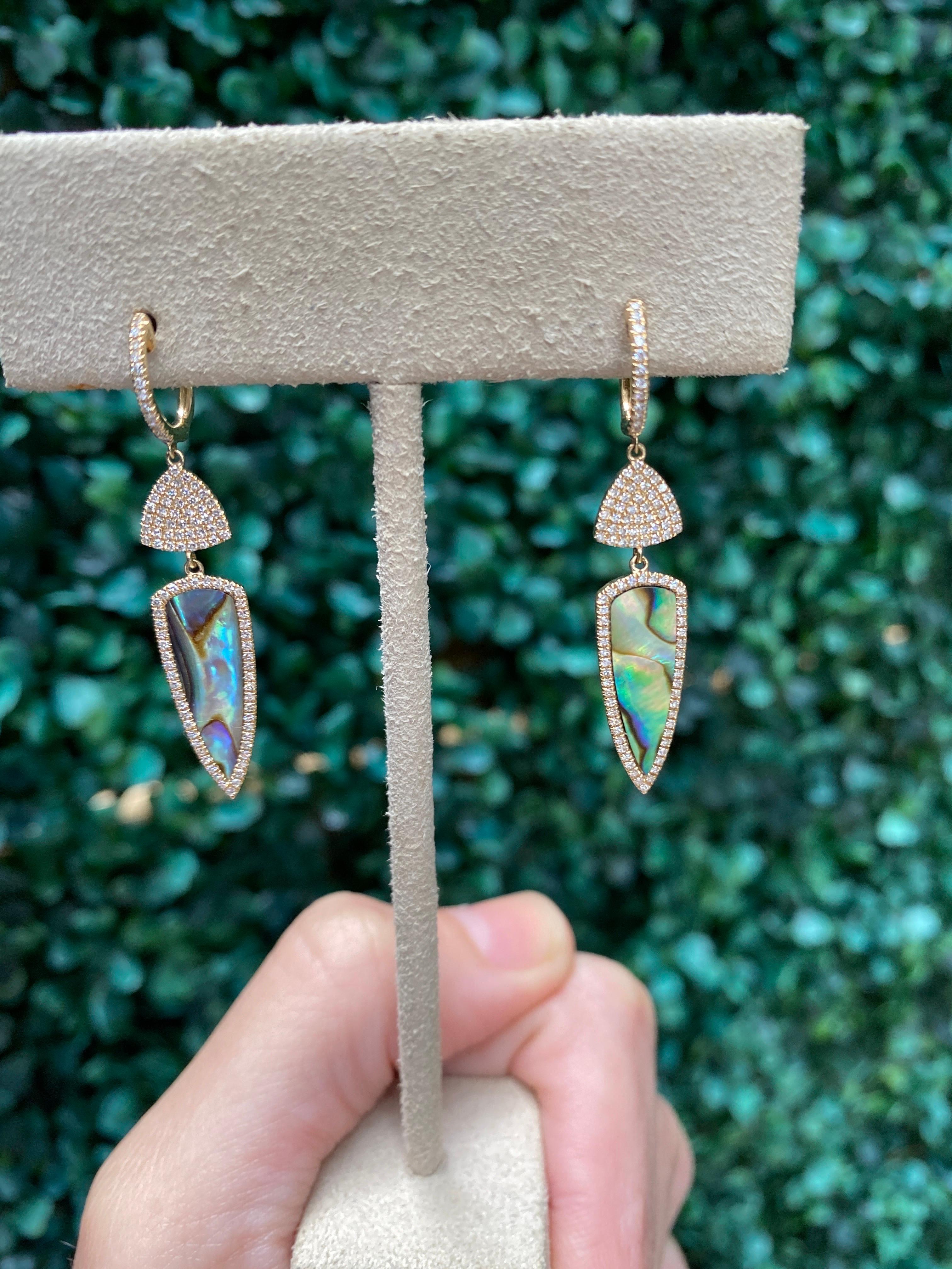 Abalone & 0.46 Carat Total Weight Diamond Dangle Huggie Hoop Earrings, 14k Gold In New Condition For Sale In Houston, TX