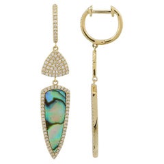 Abalone & 0.46 Carat Total Weight Diamond Dangle Huggie Hoop Earrings, 14k Gold