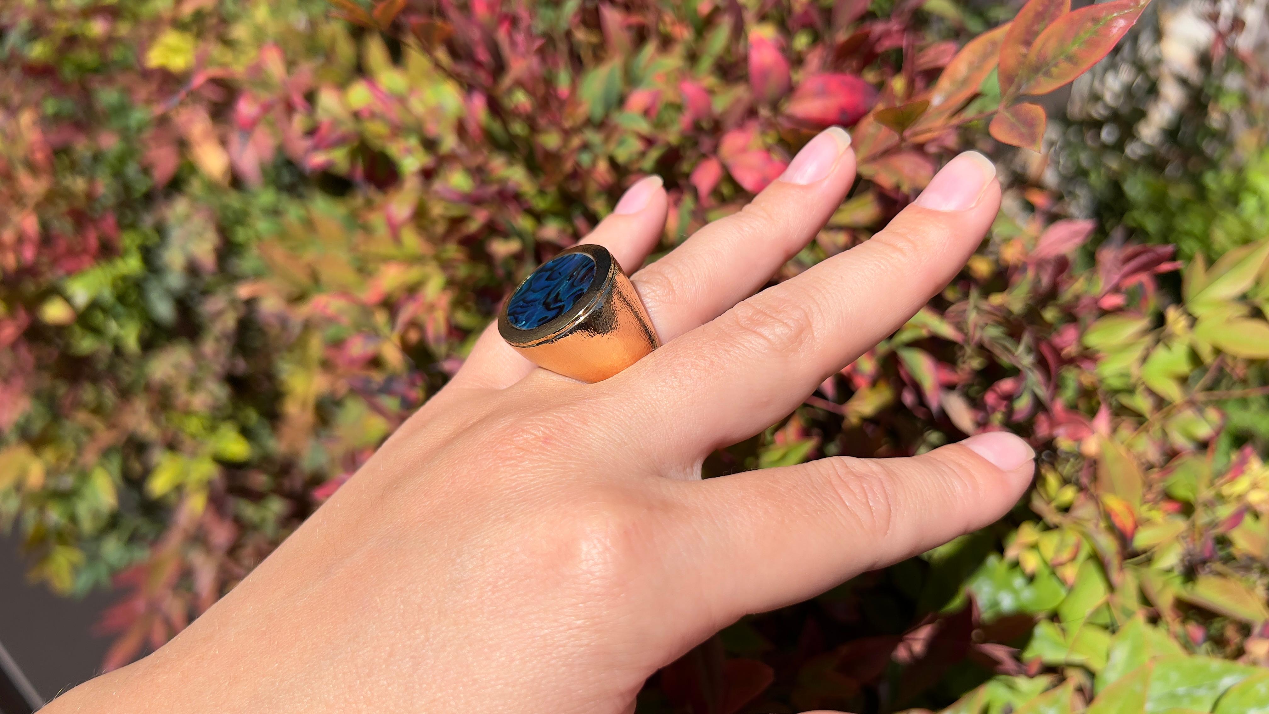 Women's or Men's Abalone 18K Gold Plated Ring Italian Made For Sale