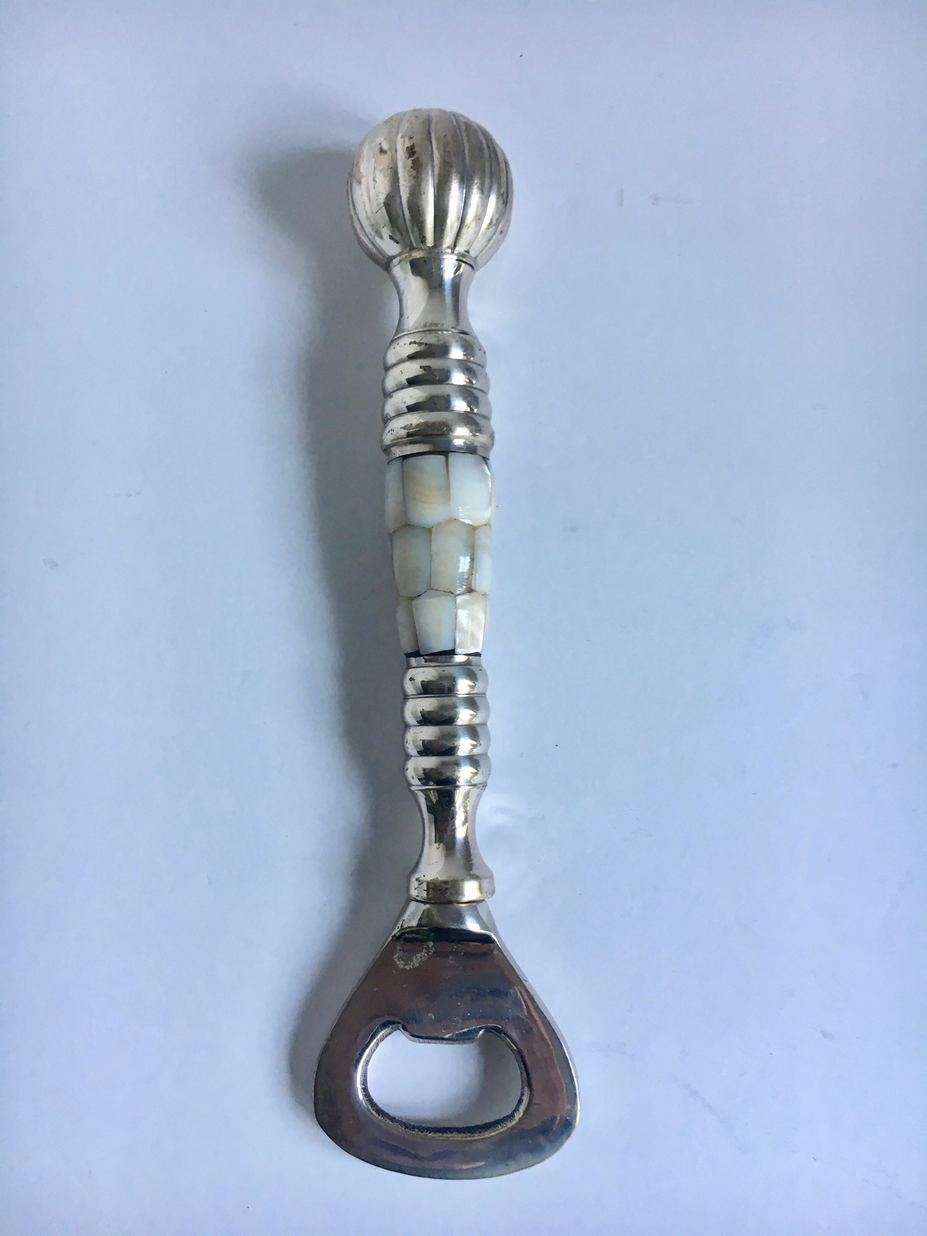 Modern Abalone and Silver Plate Bottle Opener For Sale