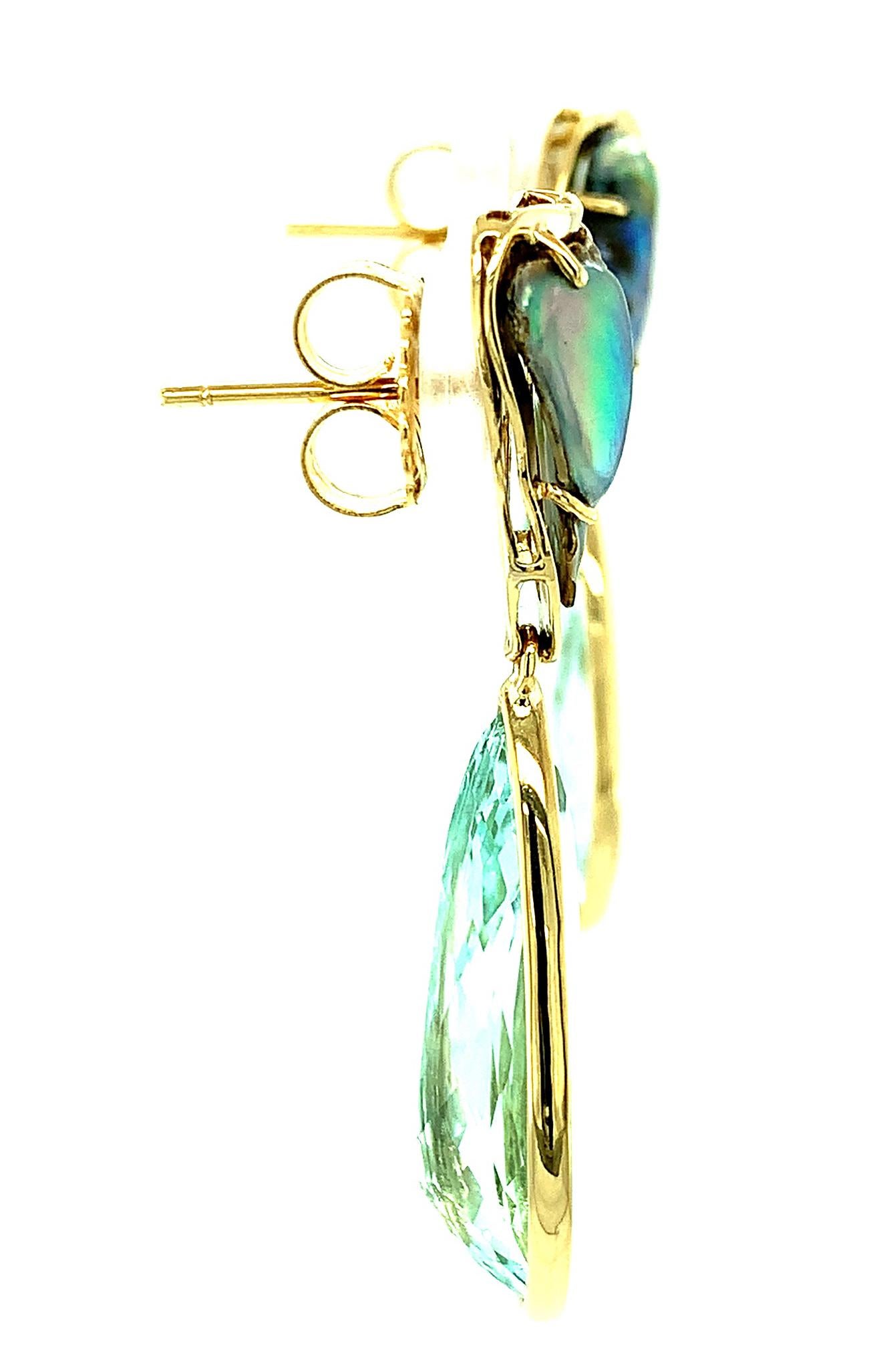 Abalone Baroque Pearl and Pear Shaped Aquamarine Drop Earrings in Yellow Gold For Sale 1