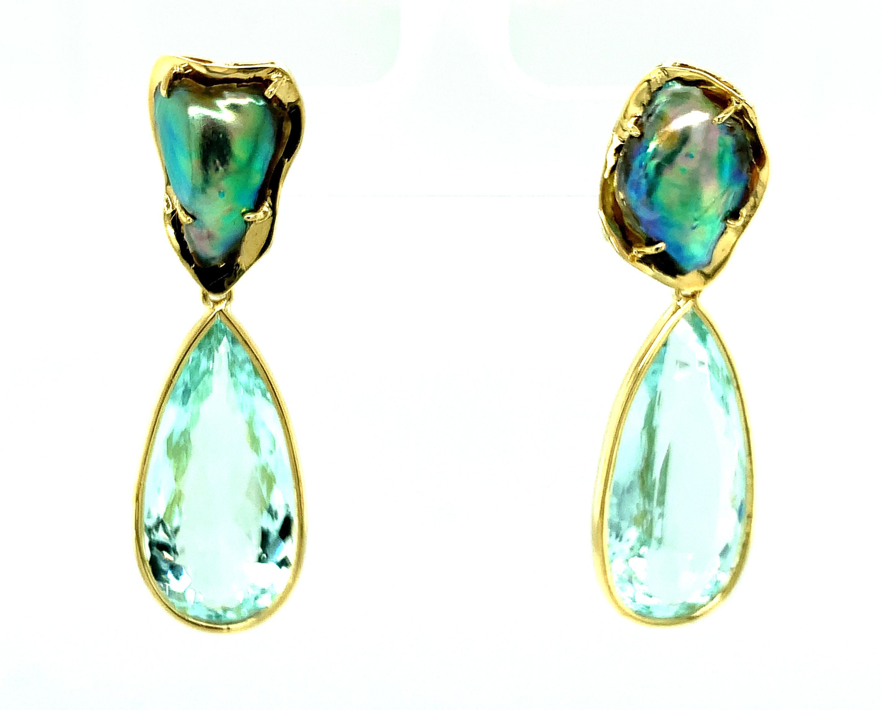 Abalone Baroque Pearl and Pear Shaped Aquamarine Drop Earrings in Yellow Gold For Sale 2