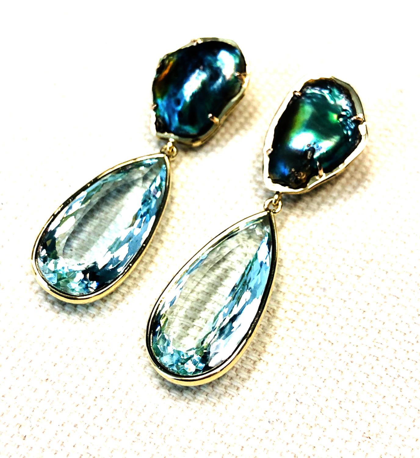 Abalone Baroque Pearl and Pear Shaped Aquamarine Drop Earrings in Yellow Gold For Sale 4