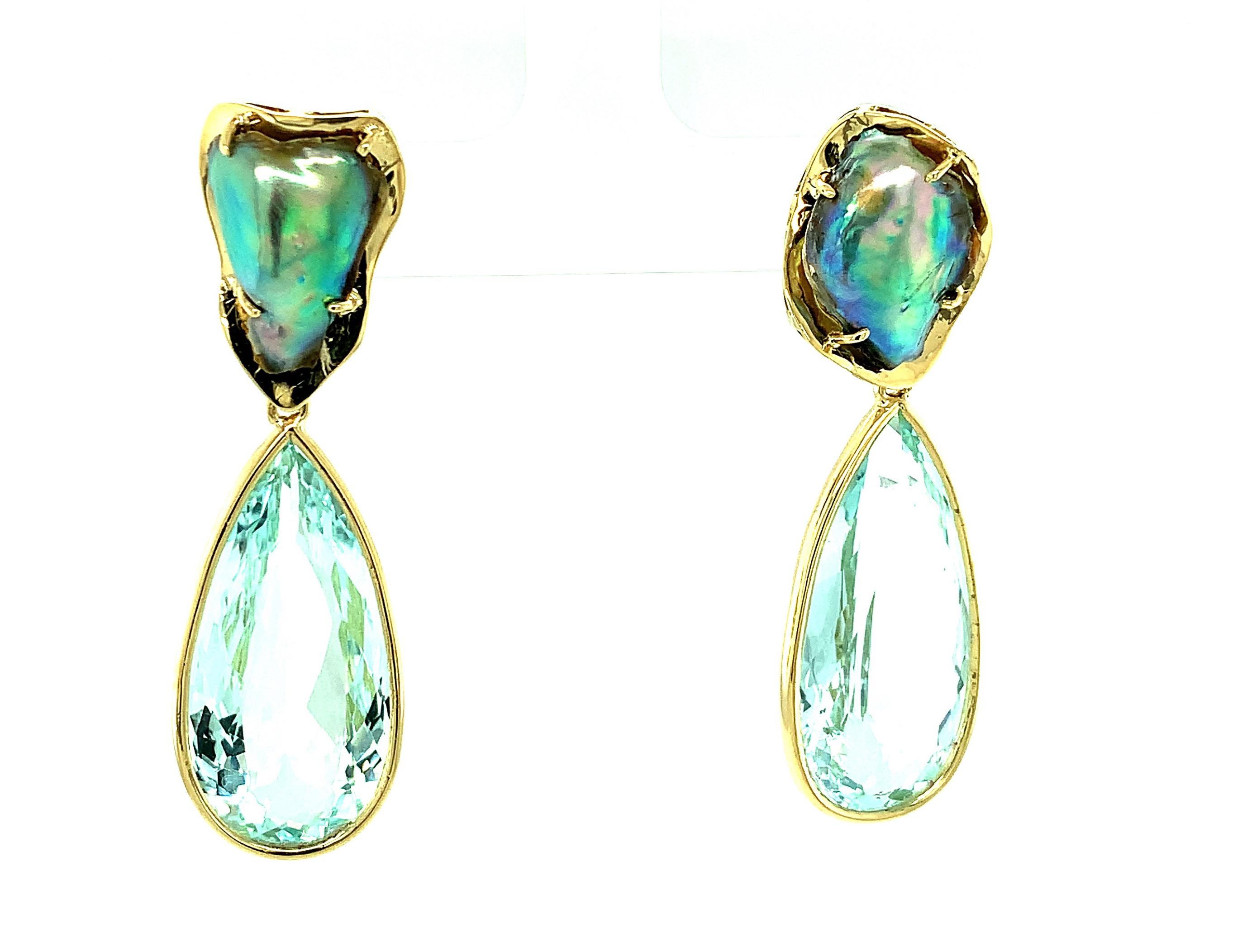Women's Abalone Baroque Pearl and Pear Shaped Aquamarine Drop Earrings in Yellow Gold For Sale