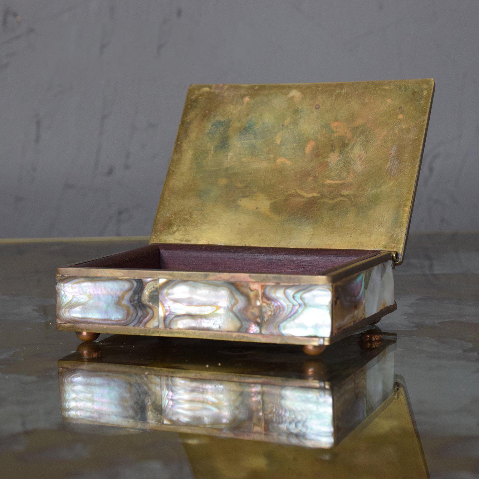 Abalone Brass and Rosewood Box Mexico Taxco Mid-Century Modern In Excellent Condition In Chula Vista, CA
