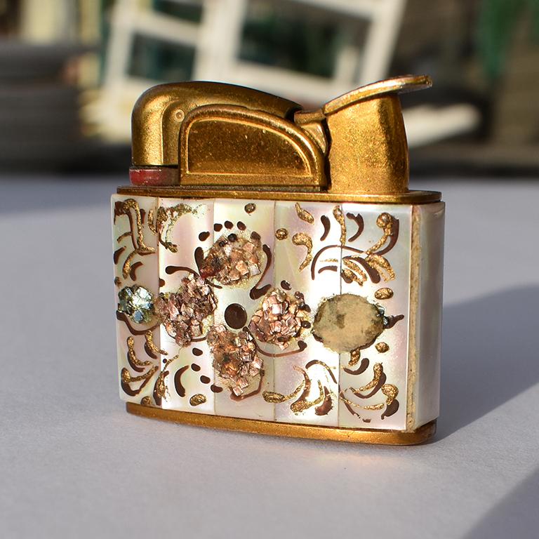 Mid-Century Modern Abalone Brass & Pearl Encrusted Coffee Table Lighter with Painted Floral Details