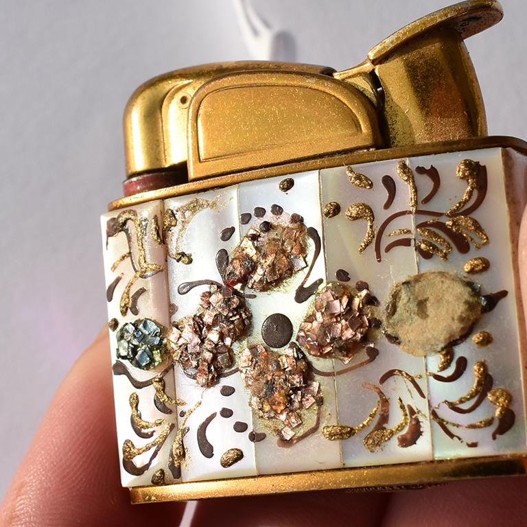 North American Abalone Brass & Pearl Encrusted Coffee Table Lighter with Painted Floral Details