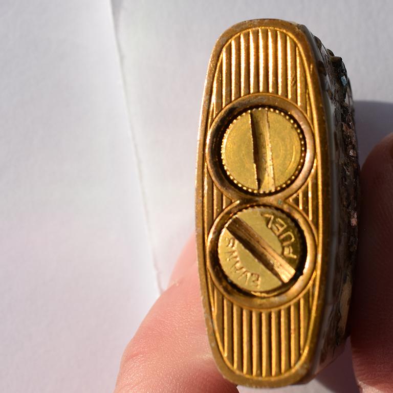 Abalone Brass and Pearl Encrusted Coffee Table Lighter with Painted Floral Details at 1stDibs