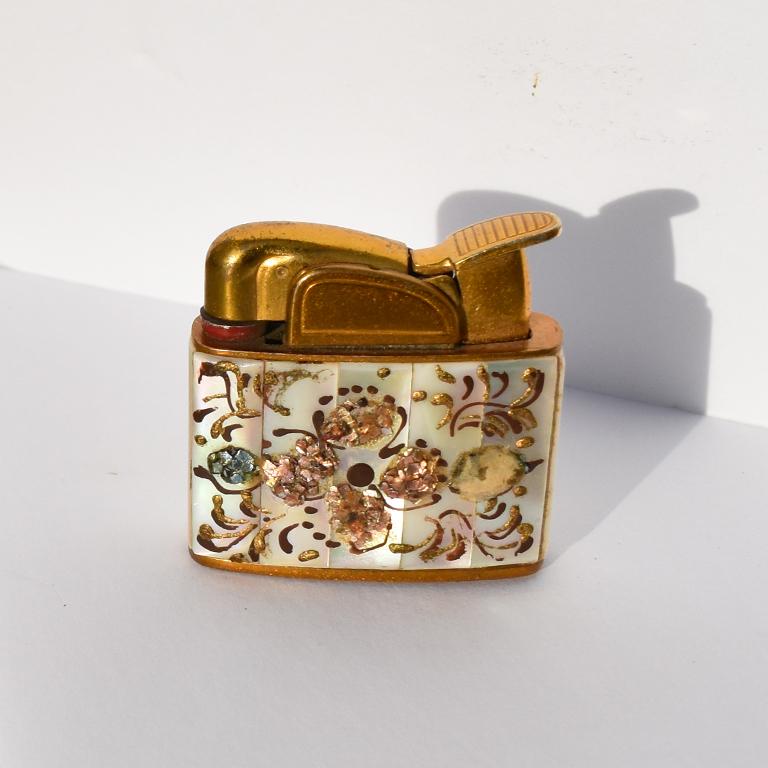 20th Century Abalone Brass & Pearl Encrusted Coffee Table Lighter with Painted Floral Details