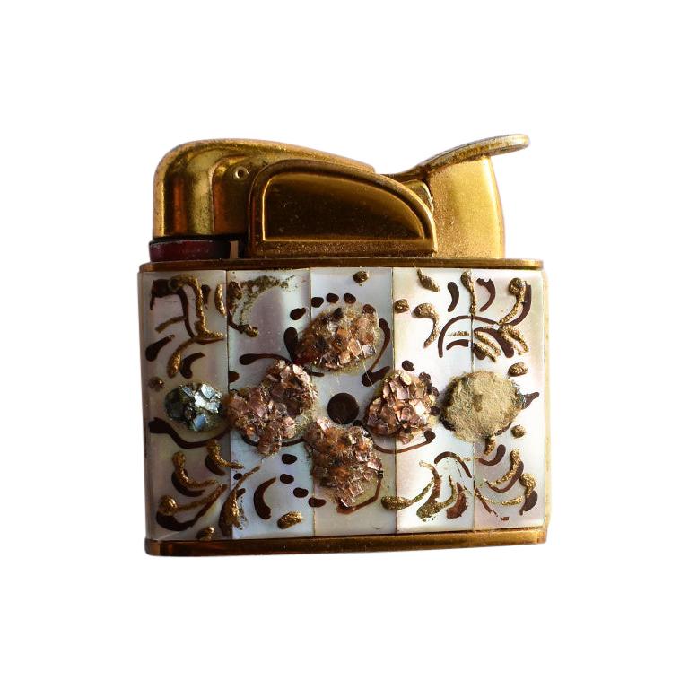 Abalone Brass & Pearl Encrusted Coffee Table Lighter with Painted Floral Details