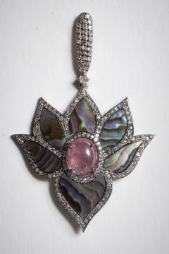 Abalone, Diamonds and Pink Tourmaline Dangle Drop Earrings