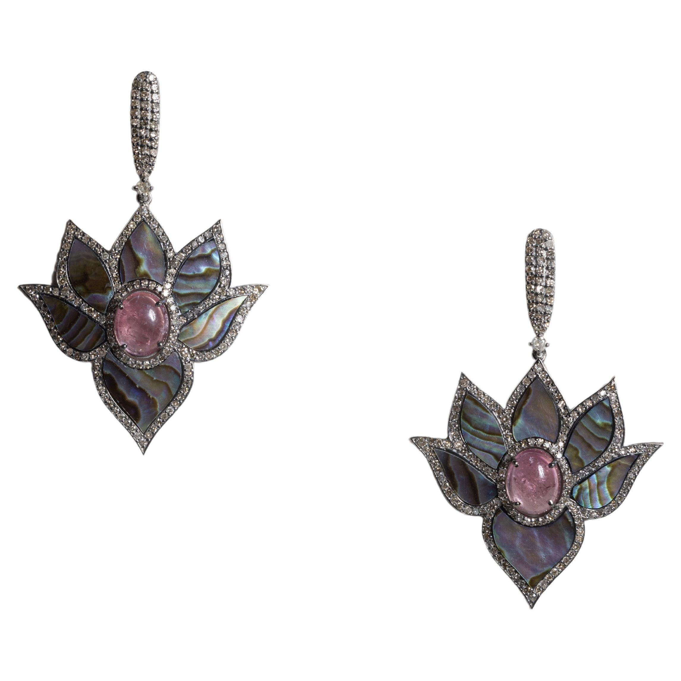 Abalone, Diamonds and Pink Tourmaline Dangle Drop Earrings