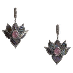 Abalone, Diamonds and Pink Tourmaline Dangle Drop Earrings