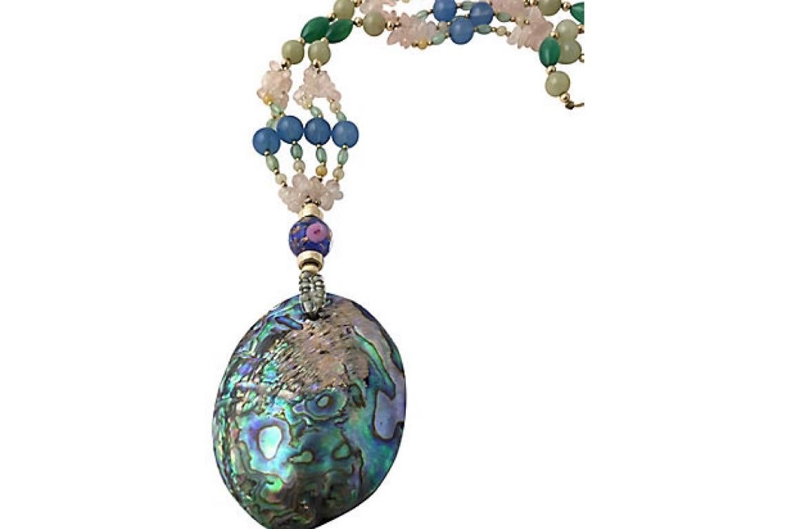 Abalone Gemstone and Art Glass Necklace For Sale 1