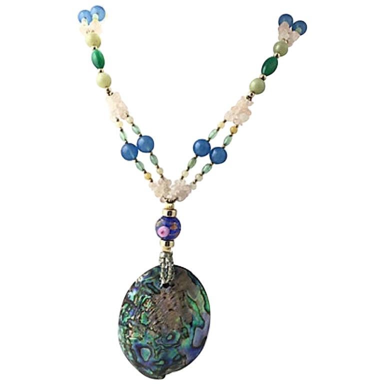 Abalone Gemstone and Art Glass Necklace For Sale