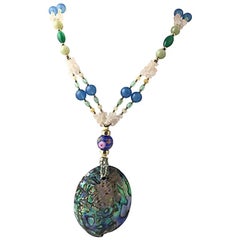Vintage Abalone Gemstone and Art Glass Necklace