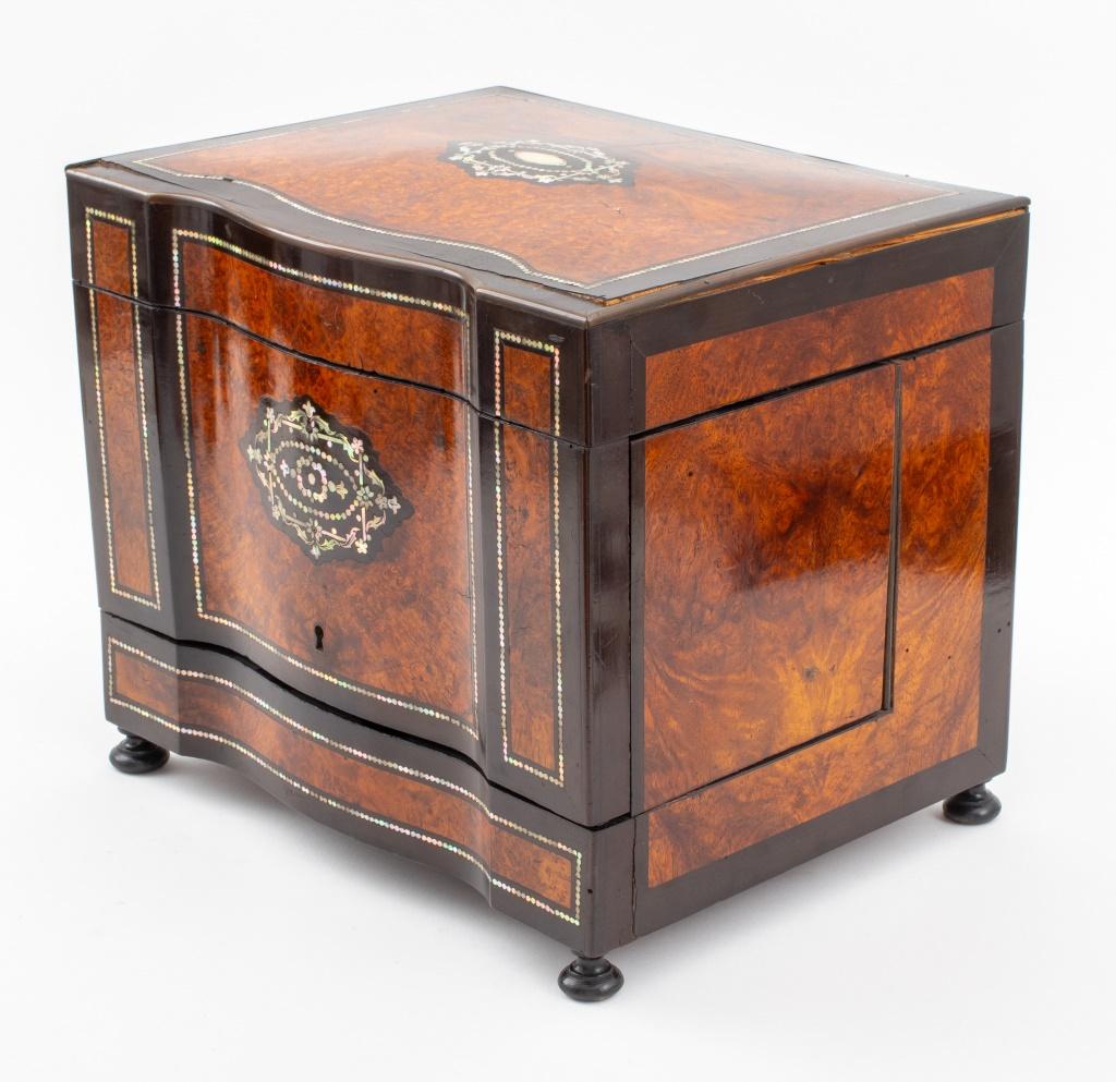 French Provincial Abalone Inlaid Burlwood Tantalus Chest, 19th Century For Sale