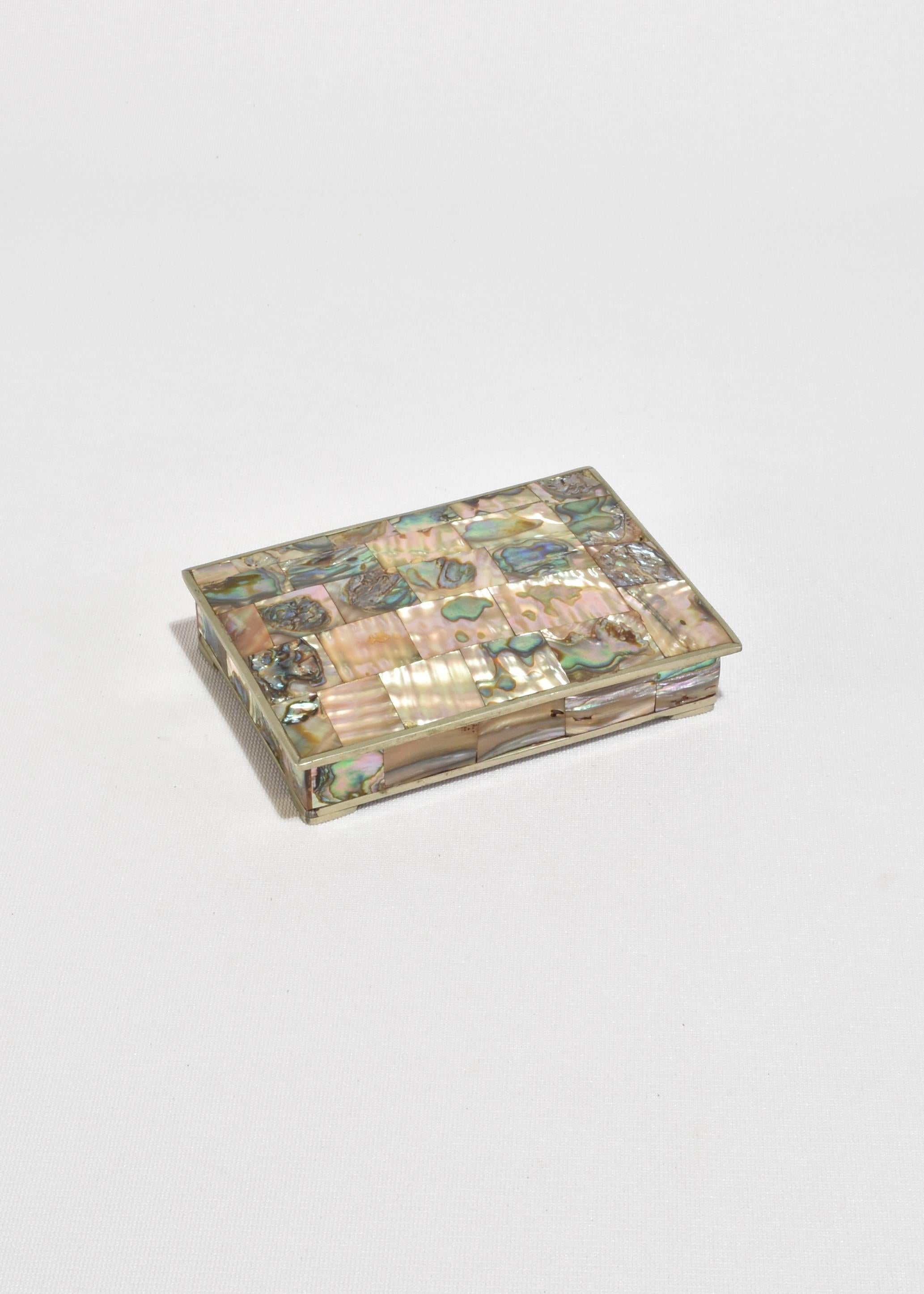 Beautiful vintage abalone shell jewelry box with alpaca silver accents and dark wood interior. Made in Mexico.