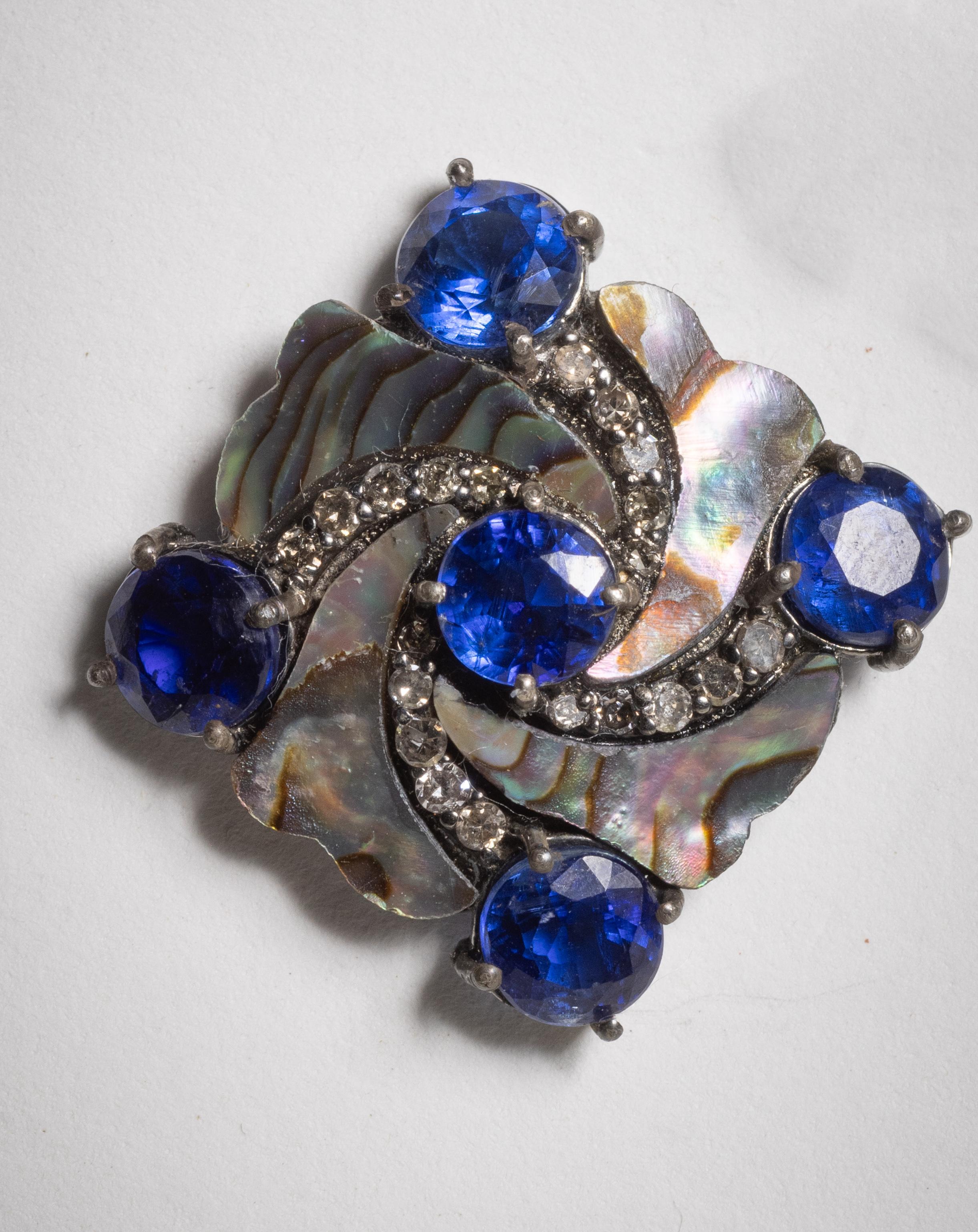 A very unusual pair of stud earrings comprised of abalone shell, round faceted kyanite gemstones and rays of round faceted diamonds.  Set in sterling silver with 18K gold pins and backs for pierced ears.  

The fine jewelry collection is sourced,